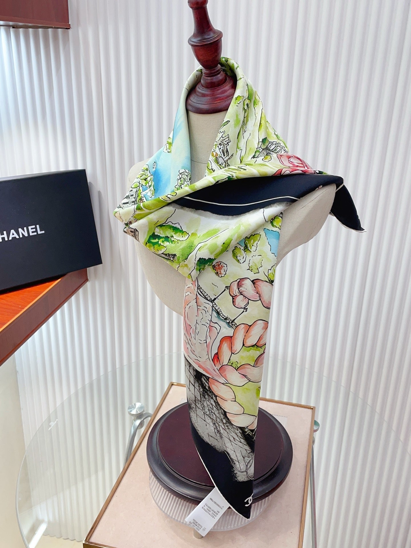 Chanel Square Scarf 90cm Navy Blue Multicolor Twill Silk 136607
