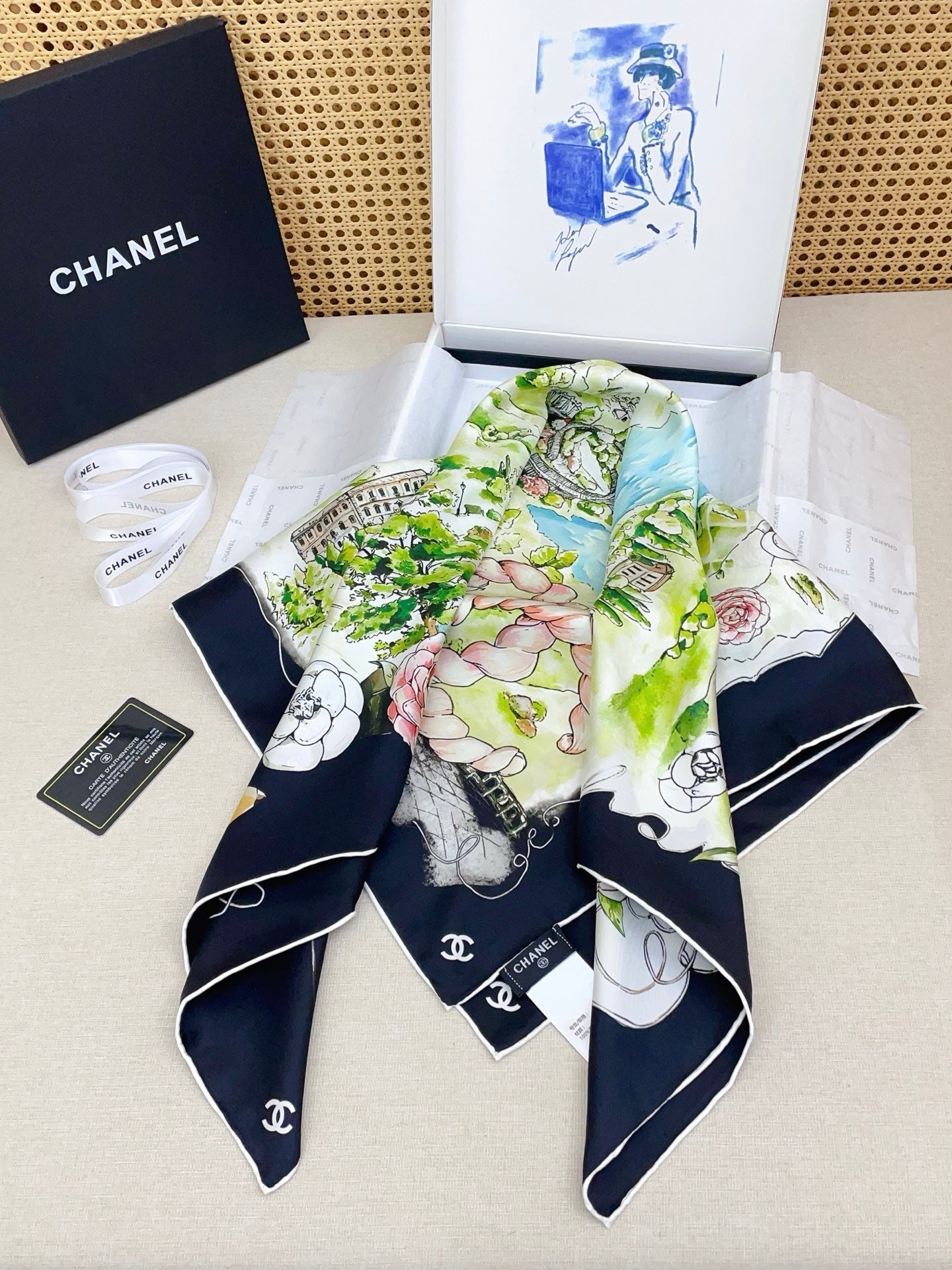 Chanel Square Scarf 90cm Navy Blue Multicolor Twill Silk 136607