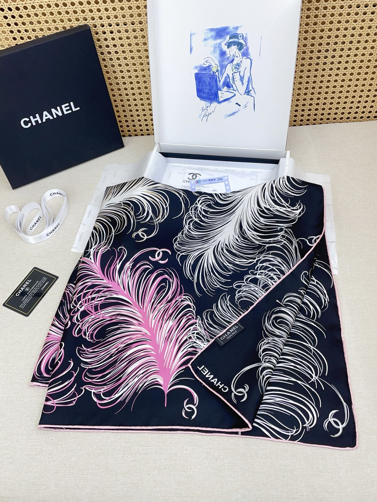 CC Double-Sided  Scarf 90cm Black White Pink Feathers Logo Twill Silk 150370