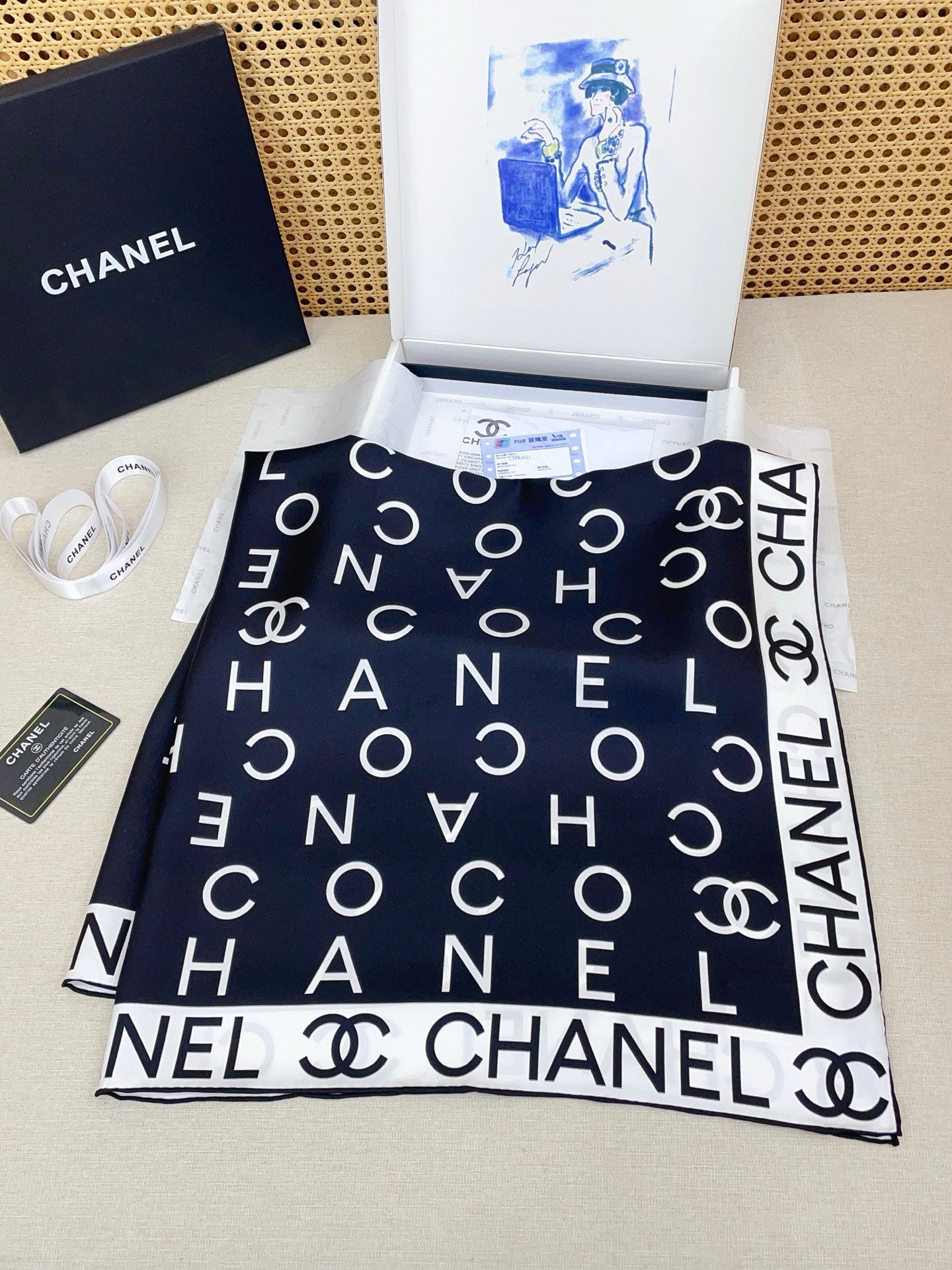 CC Double-Sided  Scarf 90cm Black White Logo Twill Silk 150371