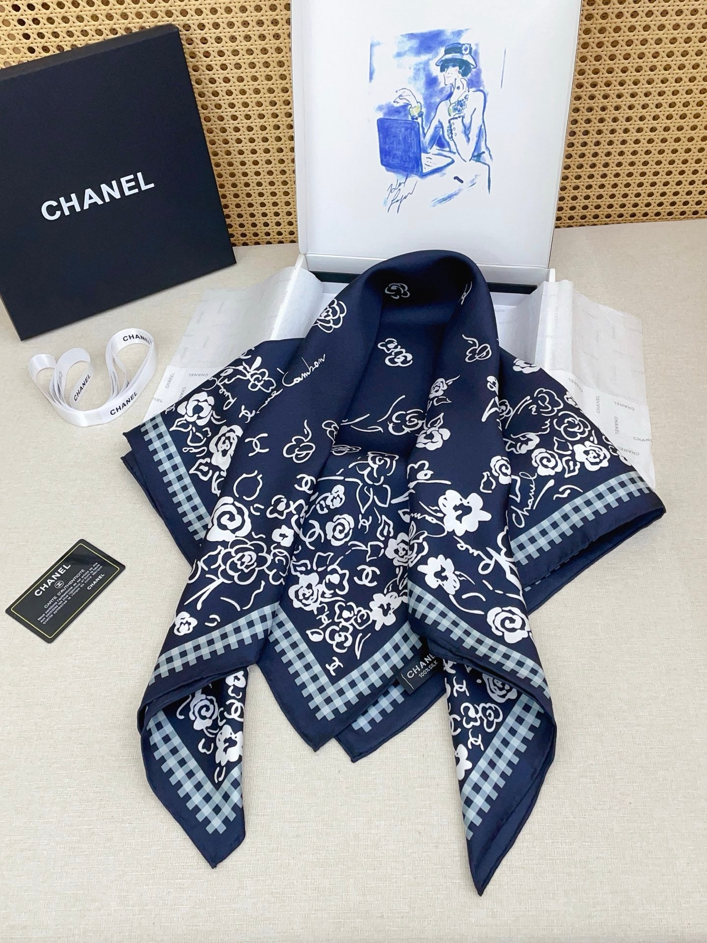 CC Double-Sided  Scarf 90cm Navy Blue Silk Cashmere 150373