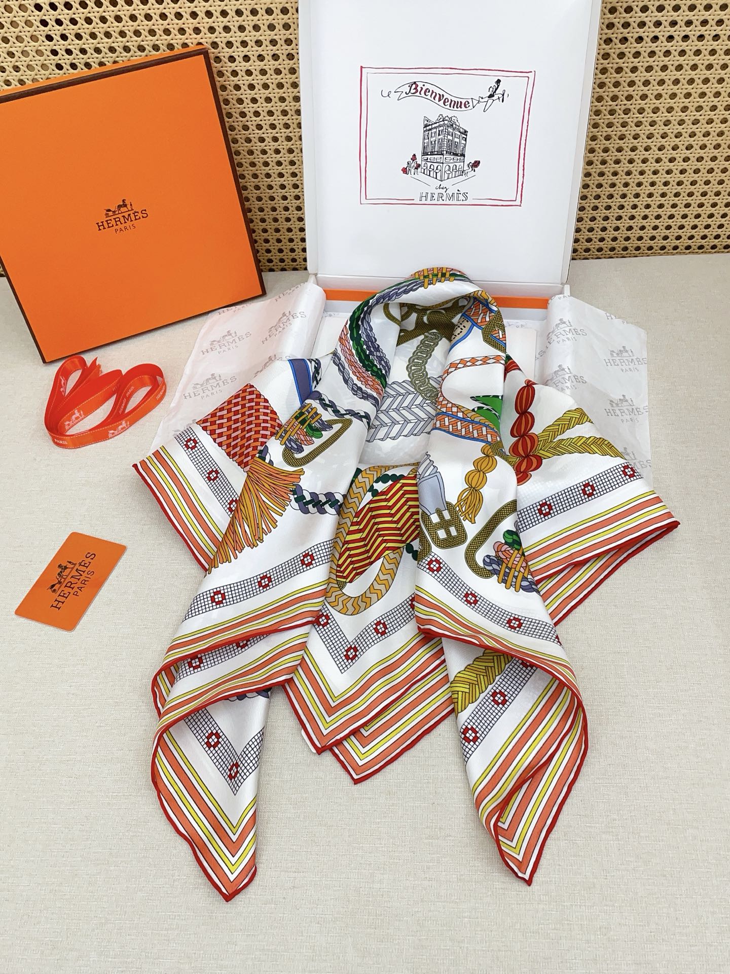 HM Tout en Tresse Scarf 90x90 Orange Colorful Twill Silk 223500