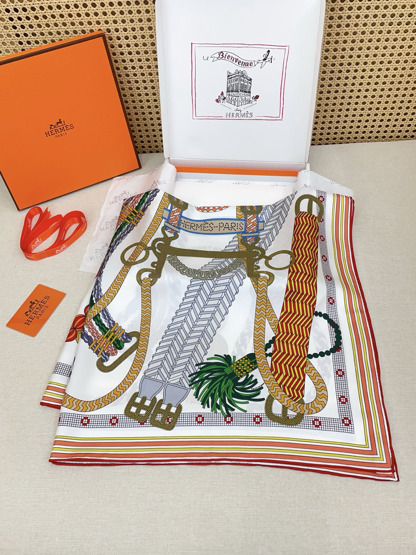 HM Tout en Tresse Scarf 90x90 Orange Colorful Twill Silk 223500