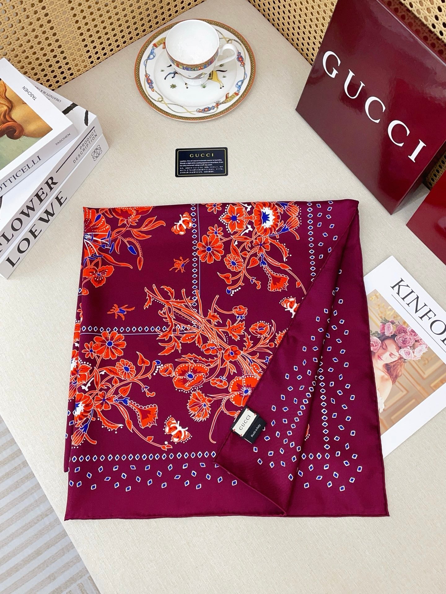 GG Scarf 90x90cm Wine Red Colorful Silk Twill 209920