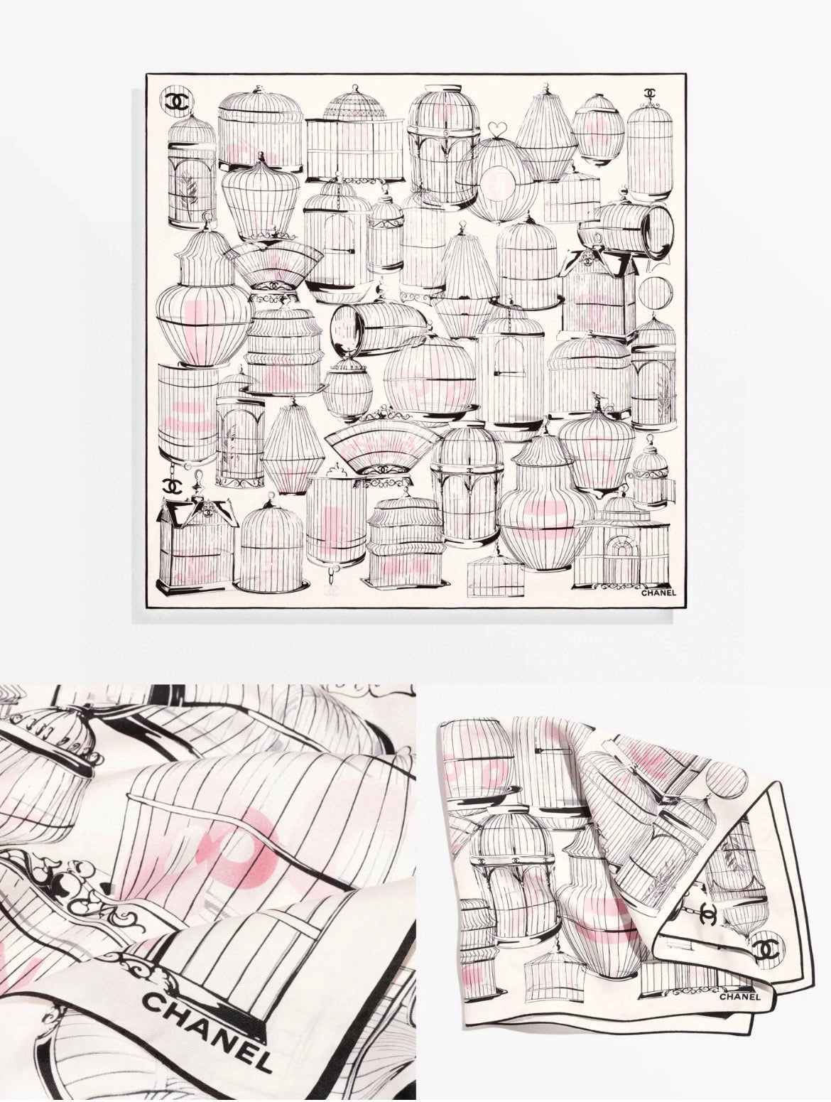 CC Birdcage Scarf 90x90cm White Colorful Silk Twill 209924