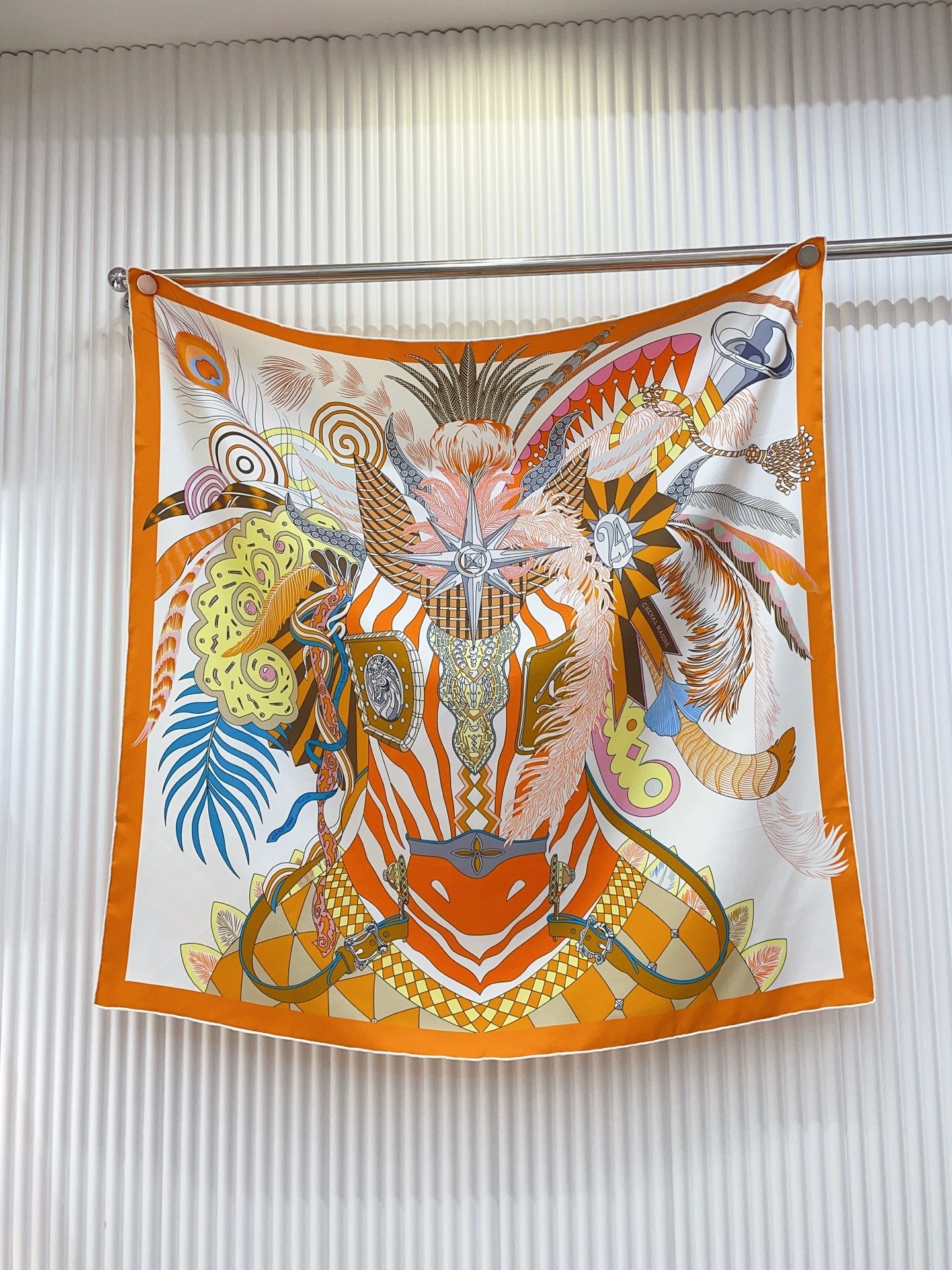 HM Cheval Masque Scarf 90x90 Orange Colorful Twill Silk 215226