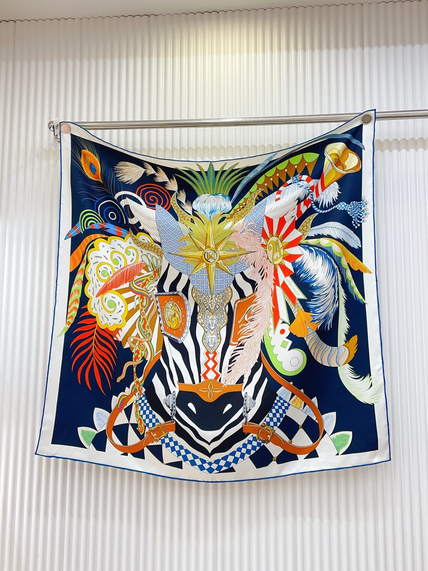 HM Cheval Masque Scarf 90x90 Navy Blue Colorful Twill Silk 215227