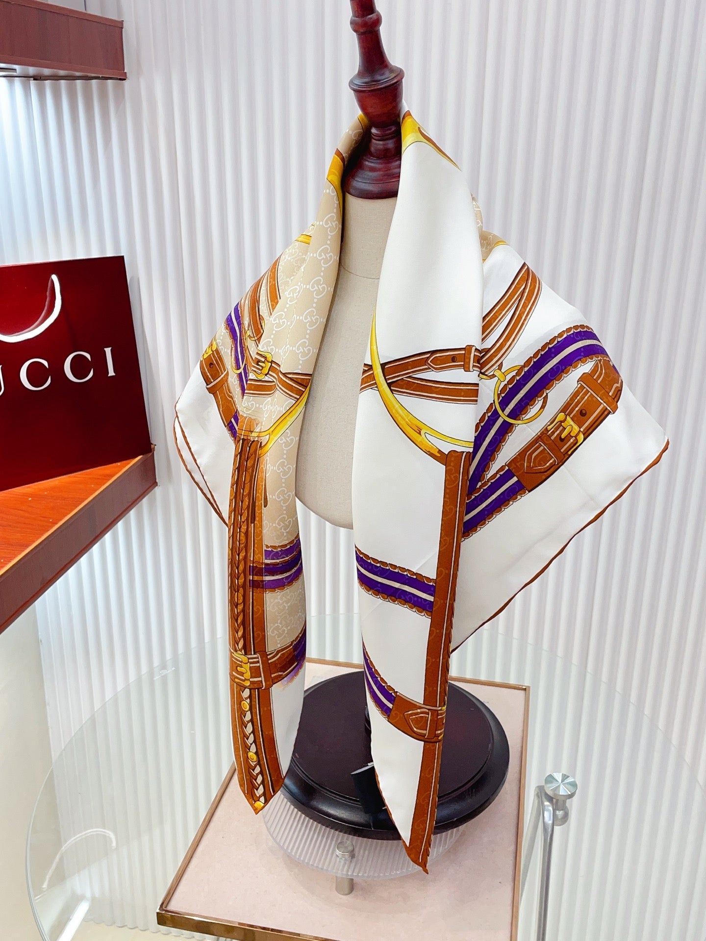 GG Jacquard Carré Scarf 90x90cm White Brown Colorful Silk Twill 223484