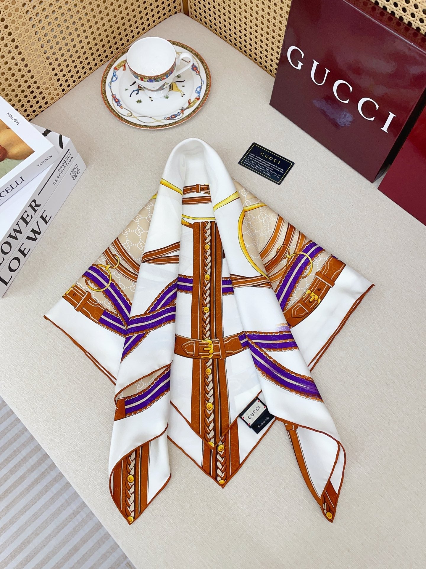 GG Jacquard Carré Scarf 90x90cm White Brown Colorful Silk Twill 223484