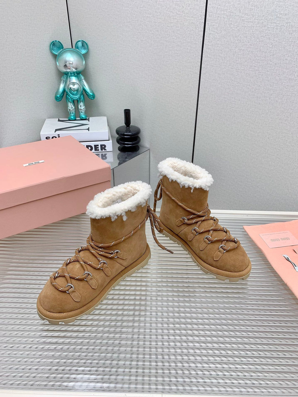 Miu 26s Suede Shearling Snow Boots Tan 160277