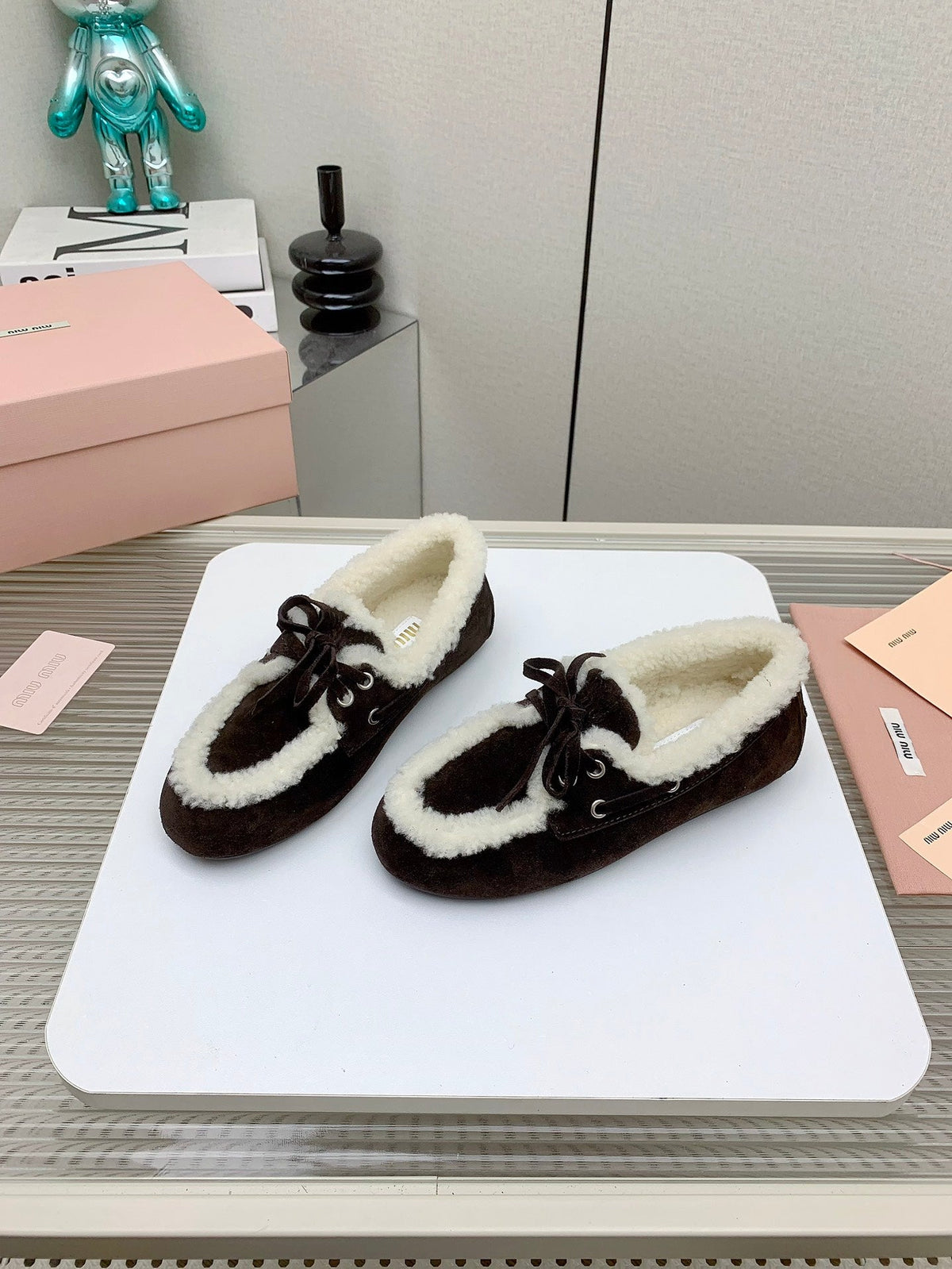Miu 26s Suede Shearling Moccasin Loafers Brown 160284