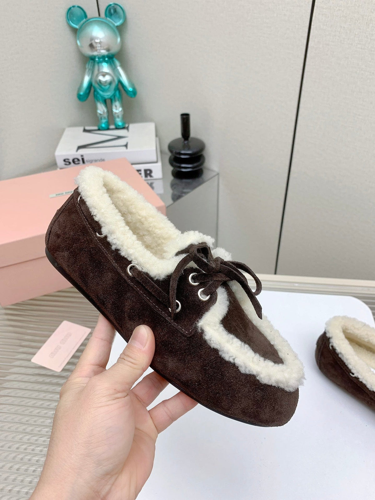 Miu 26s Suede Shearling Moccasin Loafers Brown 160284