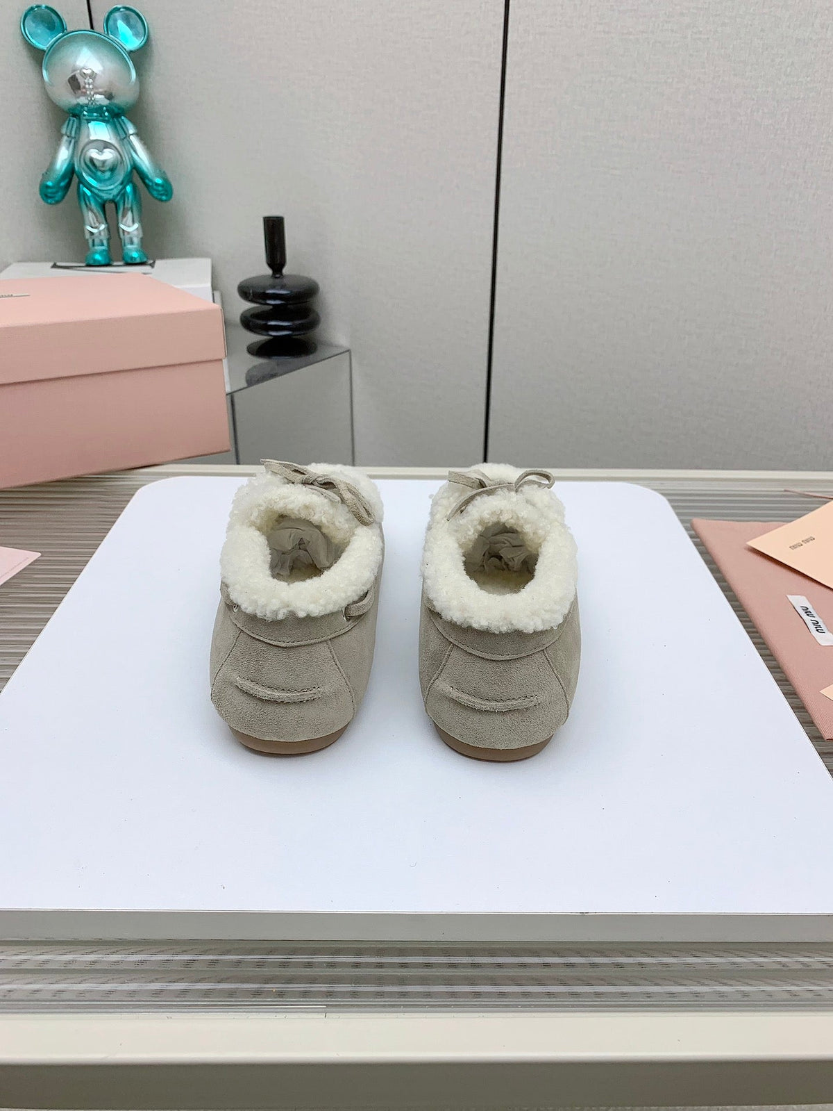 Miu 26s Suede Shearling Moccasin Loafers Beige 160283