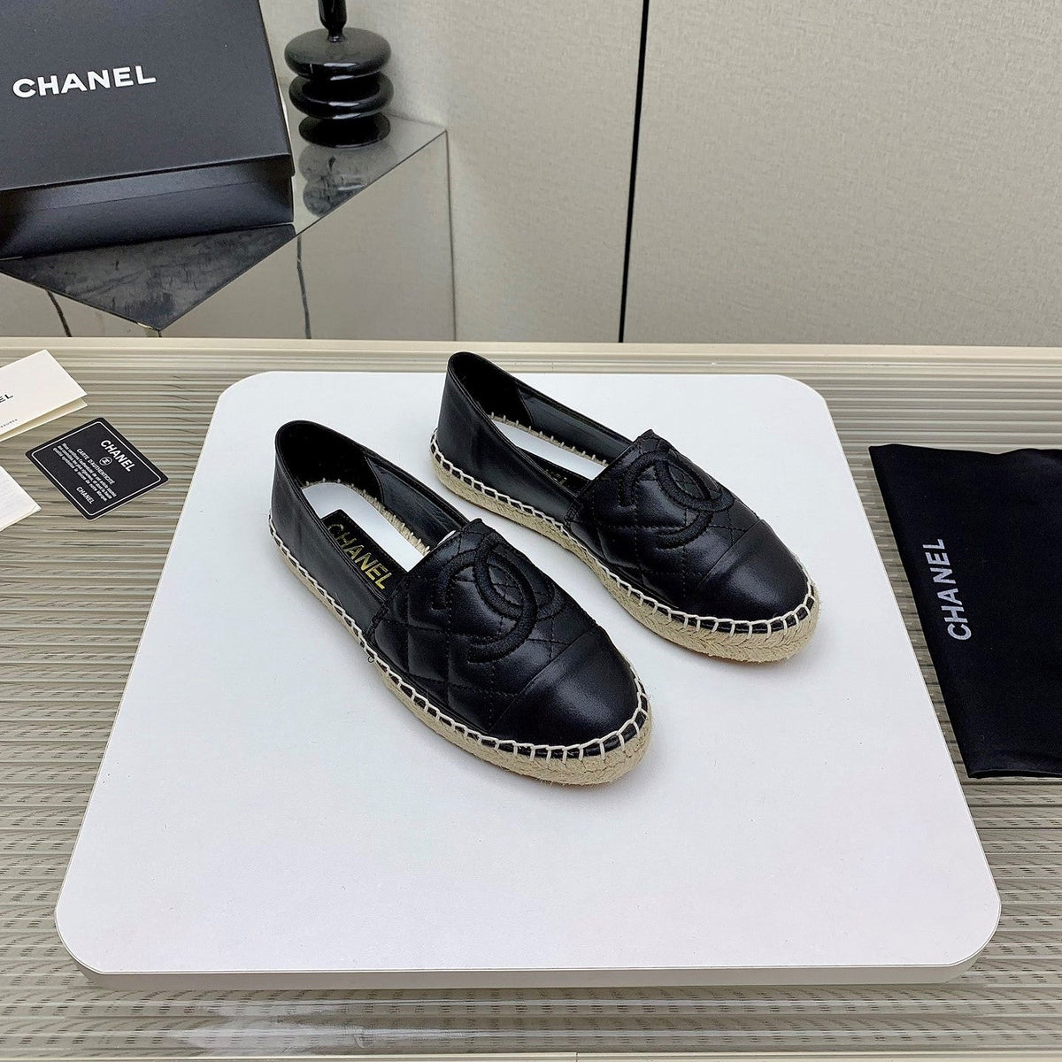 CC 26s Espadrilles Flats Black Lambskin Leather 163527