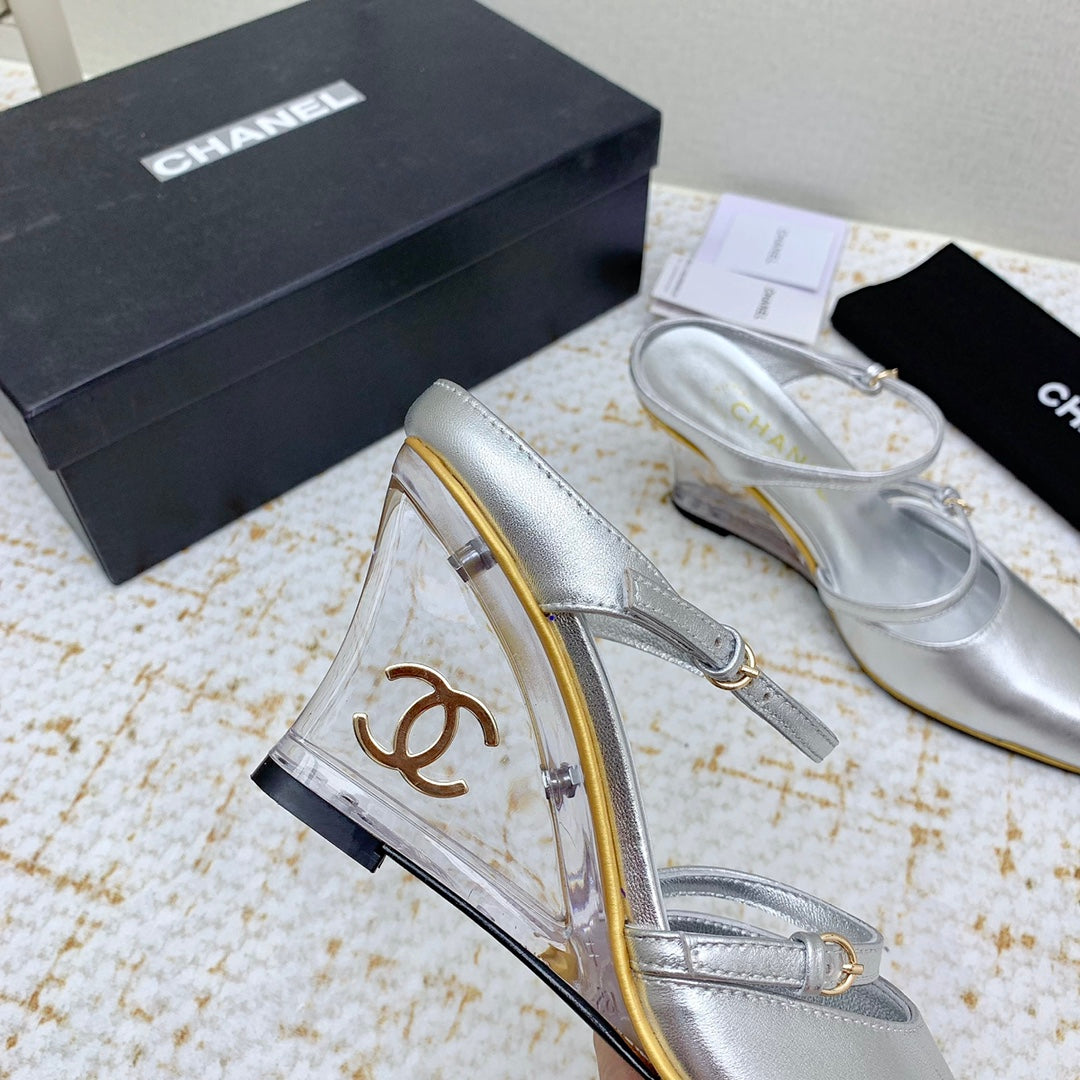 CC 26s Wedge Sandals 10cm Silver Leather 163572