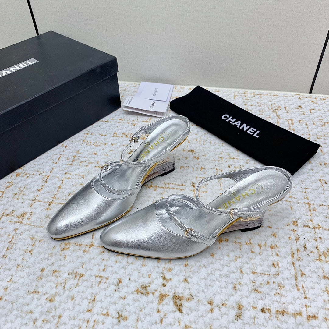 CC 26s Wedge Sandals 10cm Silver Leather 163572