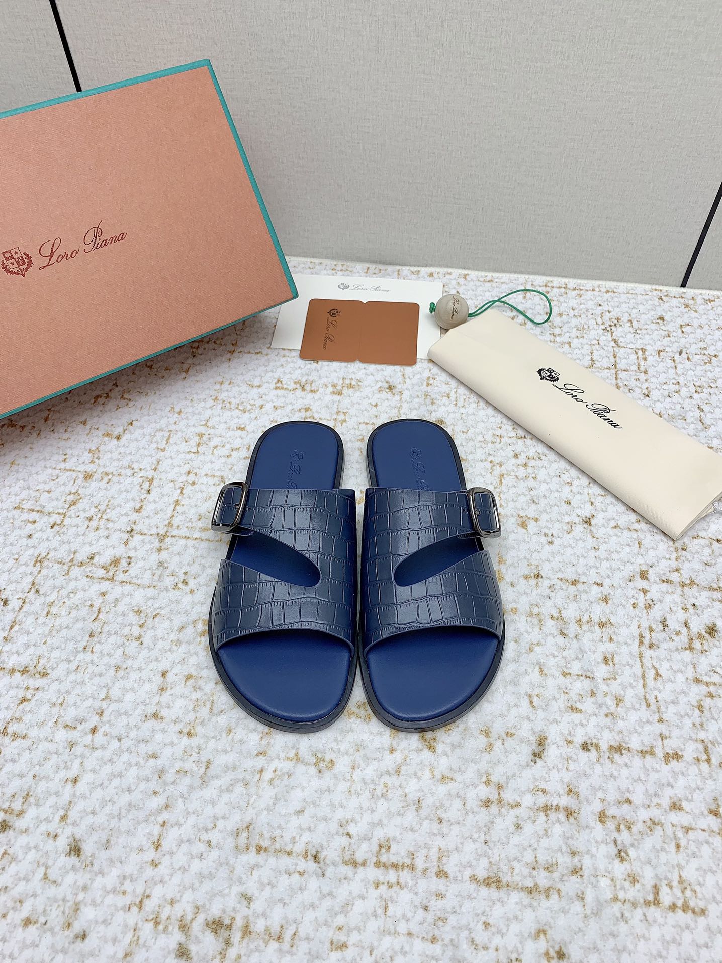 LP Men Sandals In Classic Blue Snake Embossed Calfskin