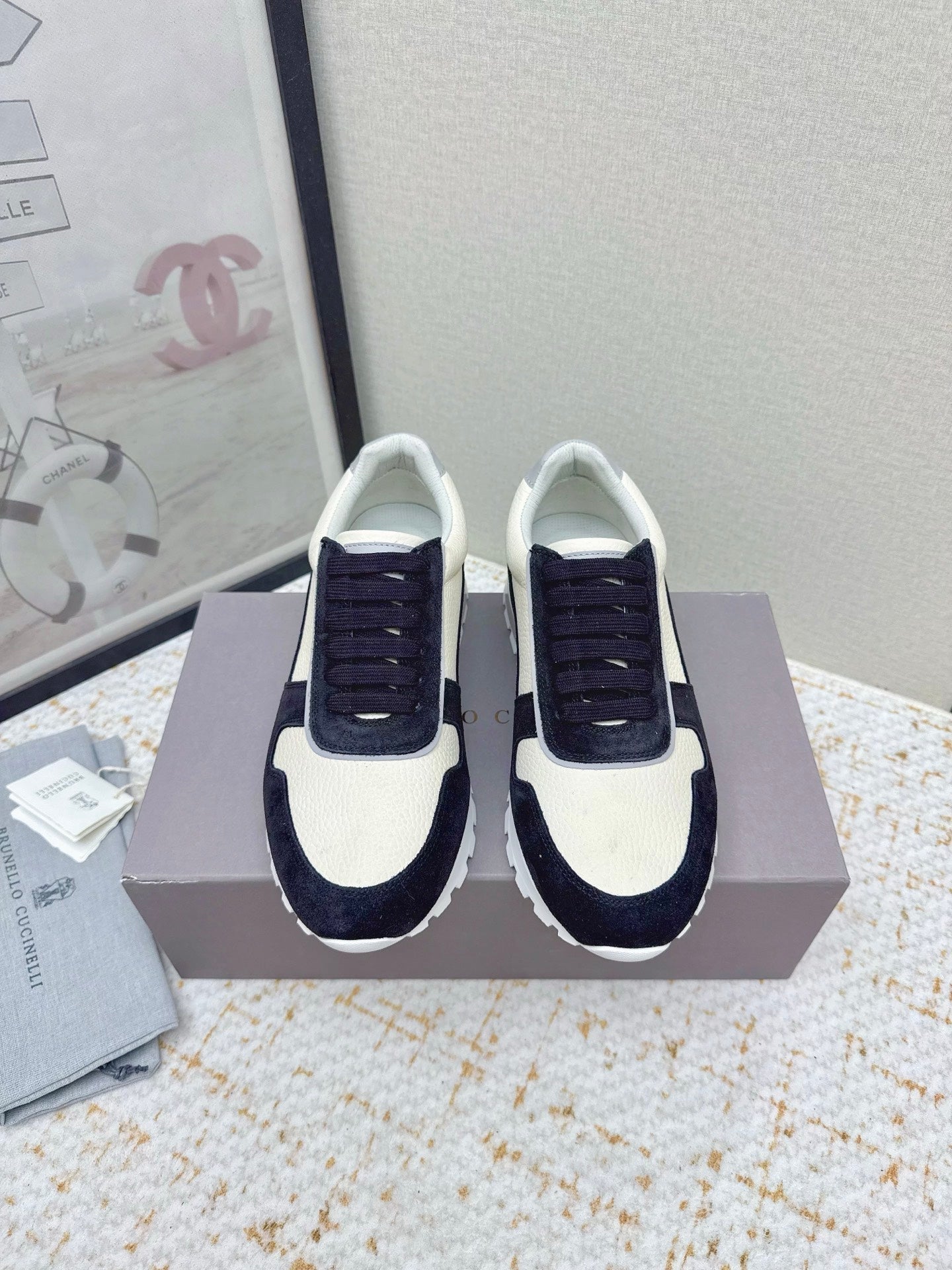 Brunello Panelled Sneakers Ivory Black Grain Leather Suede 625361