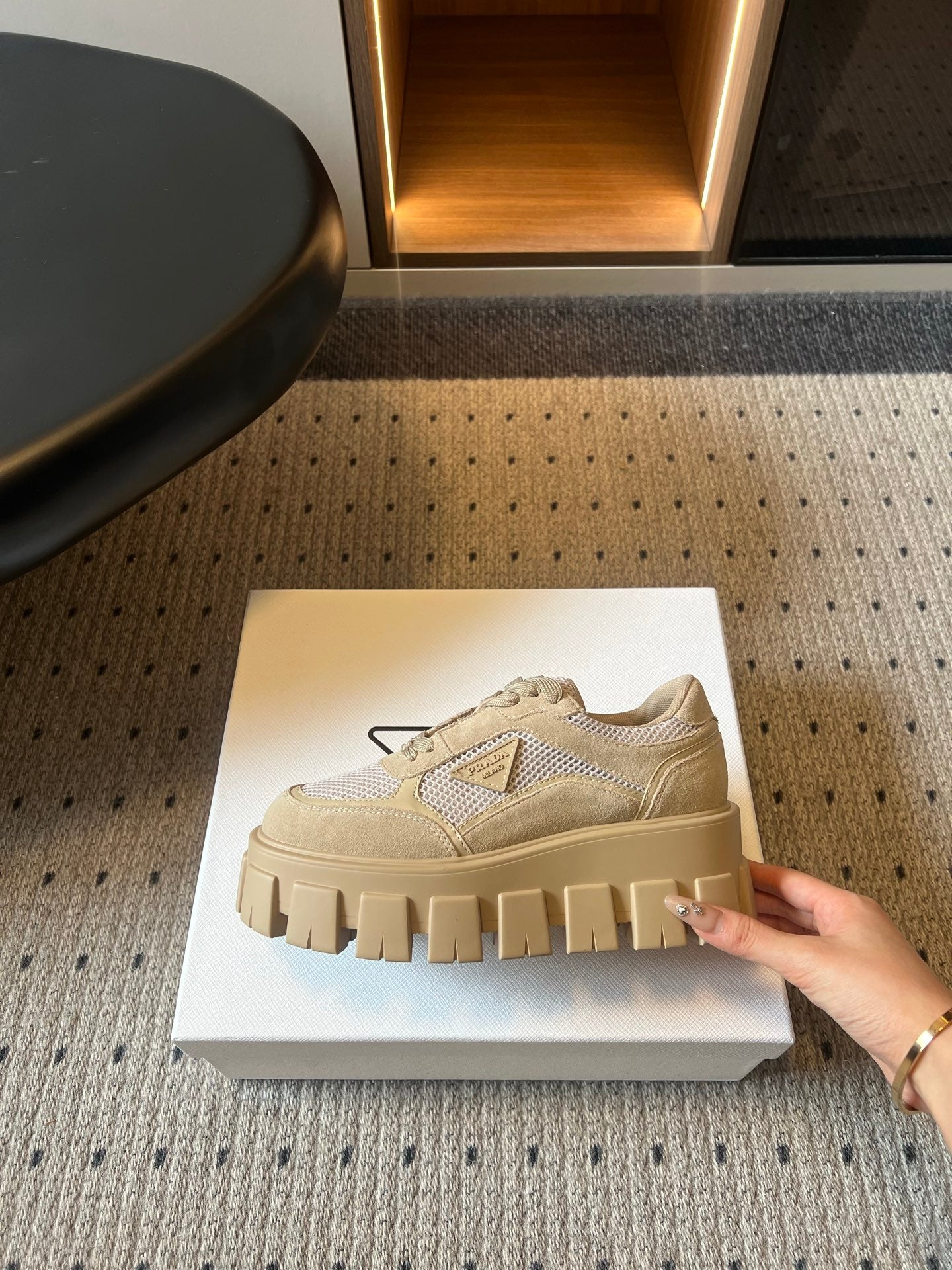 Prada 26s Monolith Sneakers Khaki Suede Mesh Fabric 971699