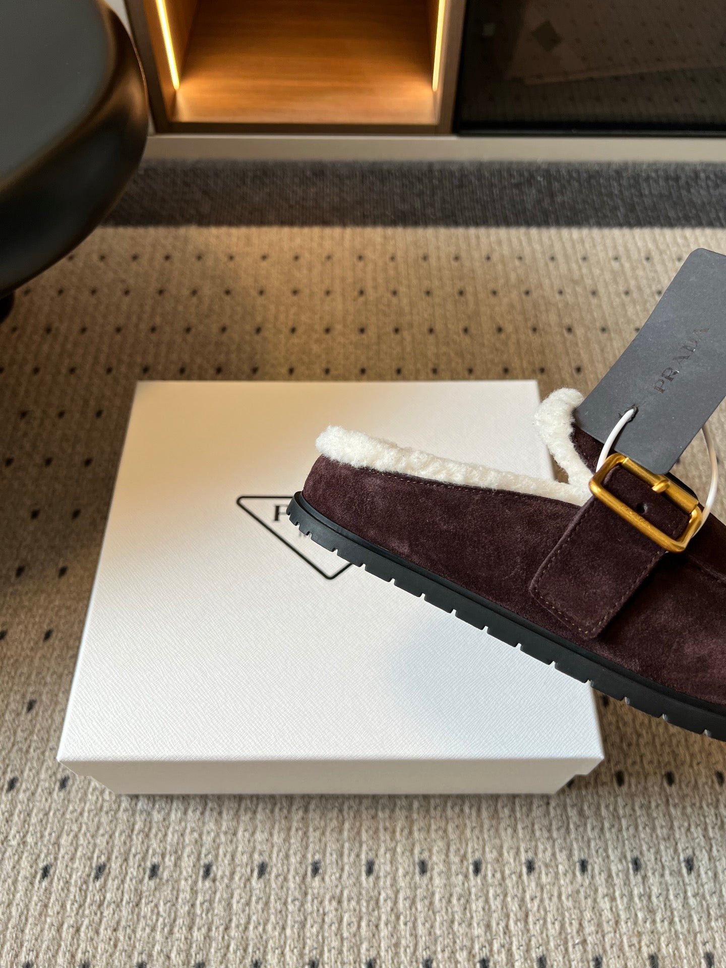 Prada 26s Clogs Dark Brown Suede Shearling 971693