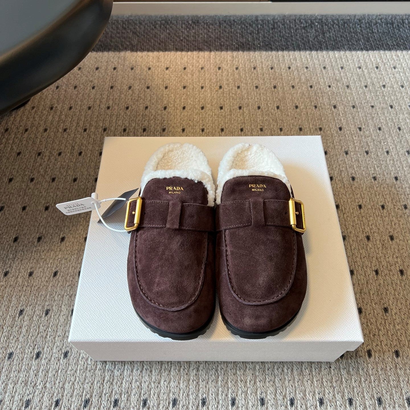 Prada 26s Clogs Dark Brown Suede Shearling 971693