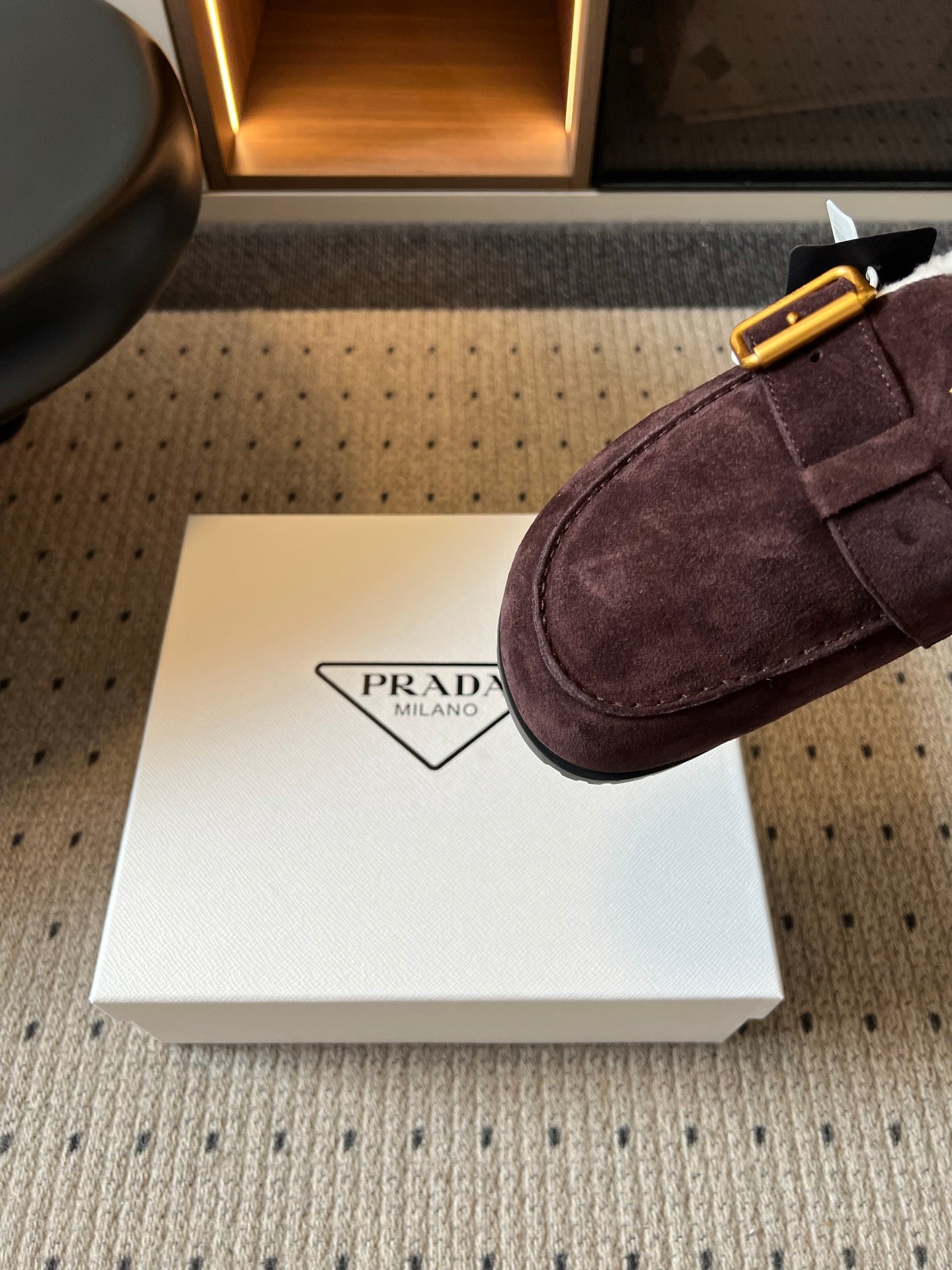 Prada 26s Clogs Dark Brown Suede Shearling 971693