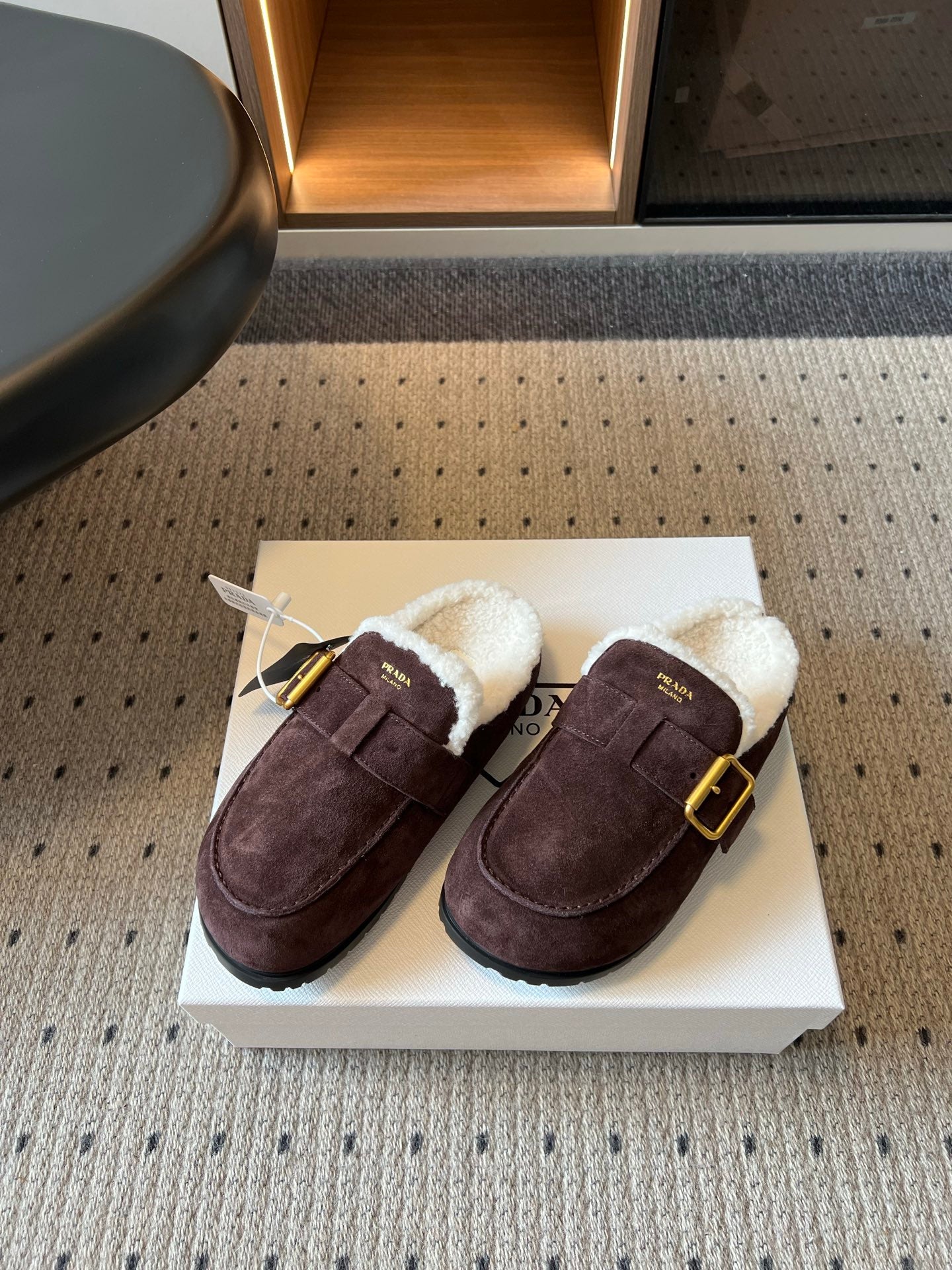 Prada 26s Clogs Dark Brown Suede Shearling 971693