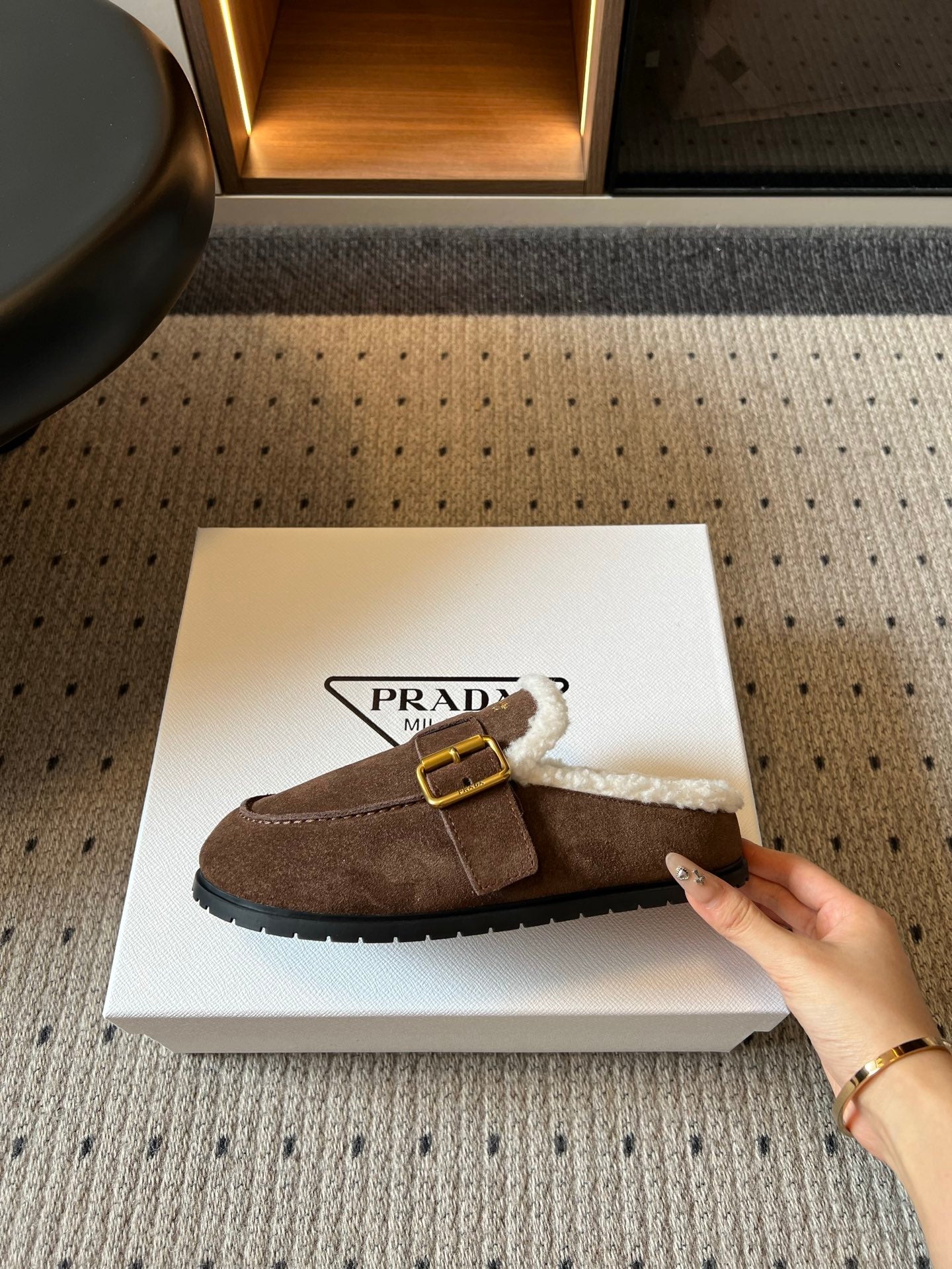 Prada 26s Clogs Coffee Suede Shearling 971696