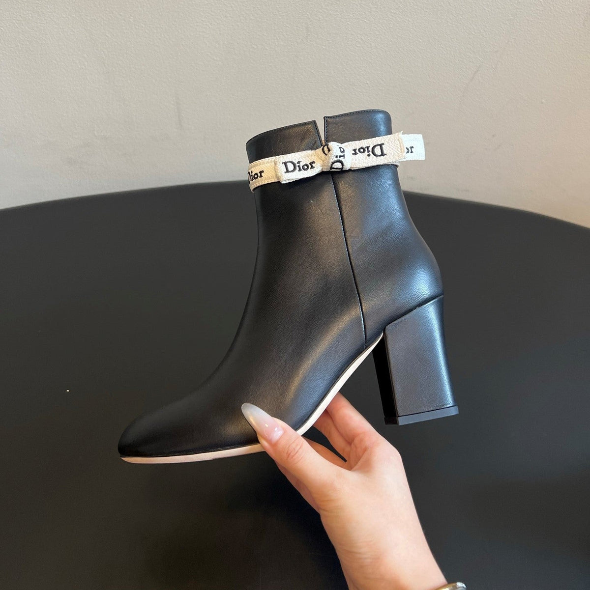 CD 26s J'Adior Heeled Ankle Boots Black Ribbon Calfskin 132485
