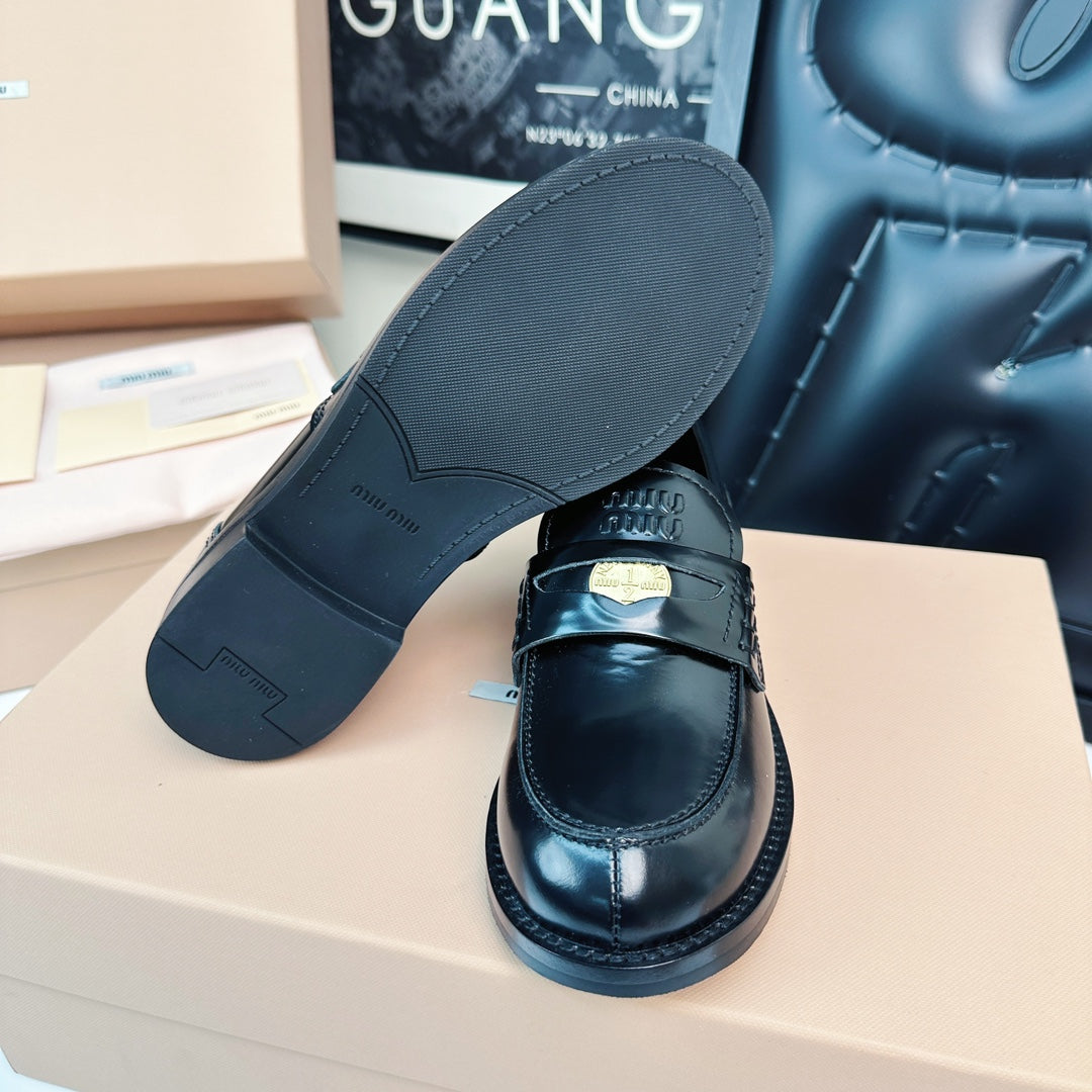Miu Loafers Glossy Black Calfskin