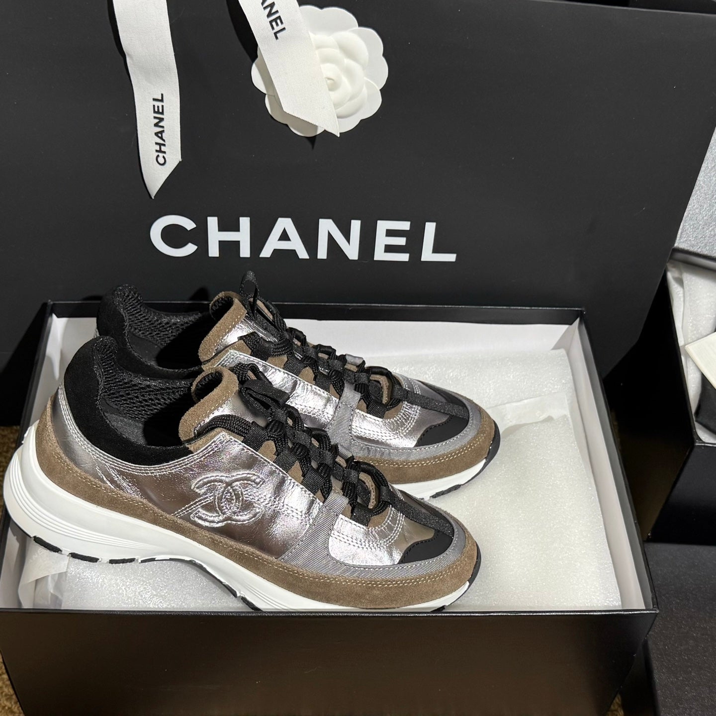 CC 25A Trainers Silver Black Brown Laminated Calfskin And Suede Calfskin352118