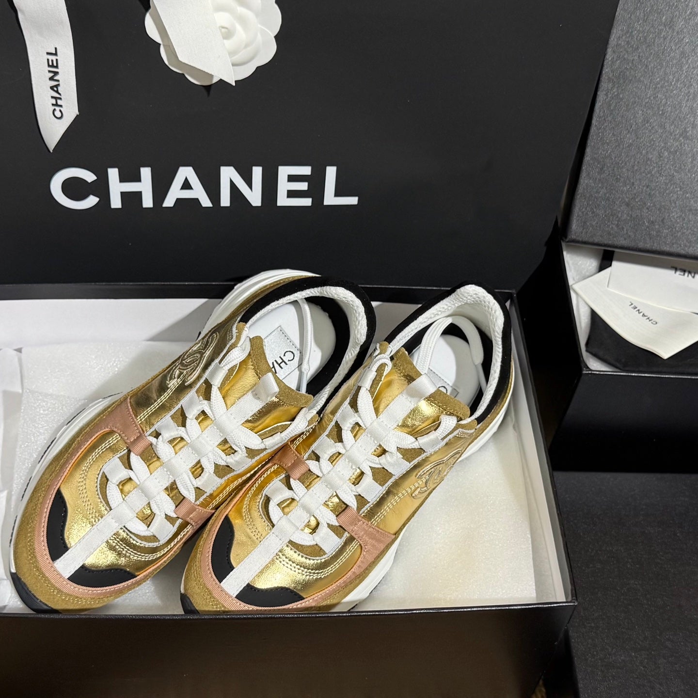 CC 25A Trainers Gold Black Beige Laminated Calfskin And Suede Calfskin352119