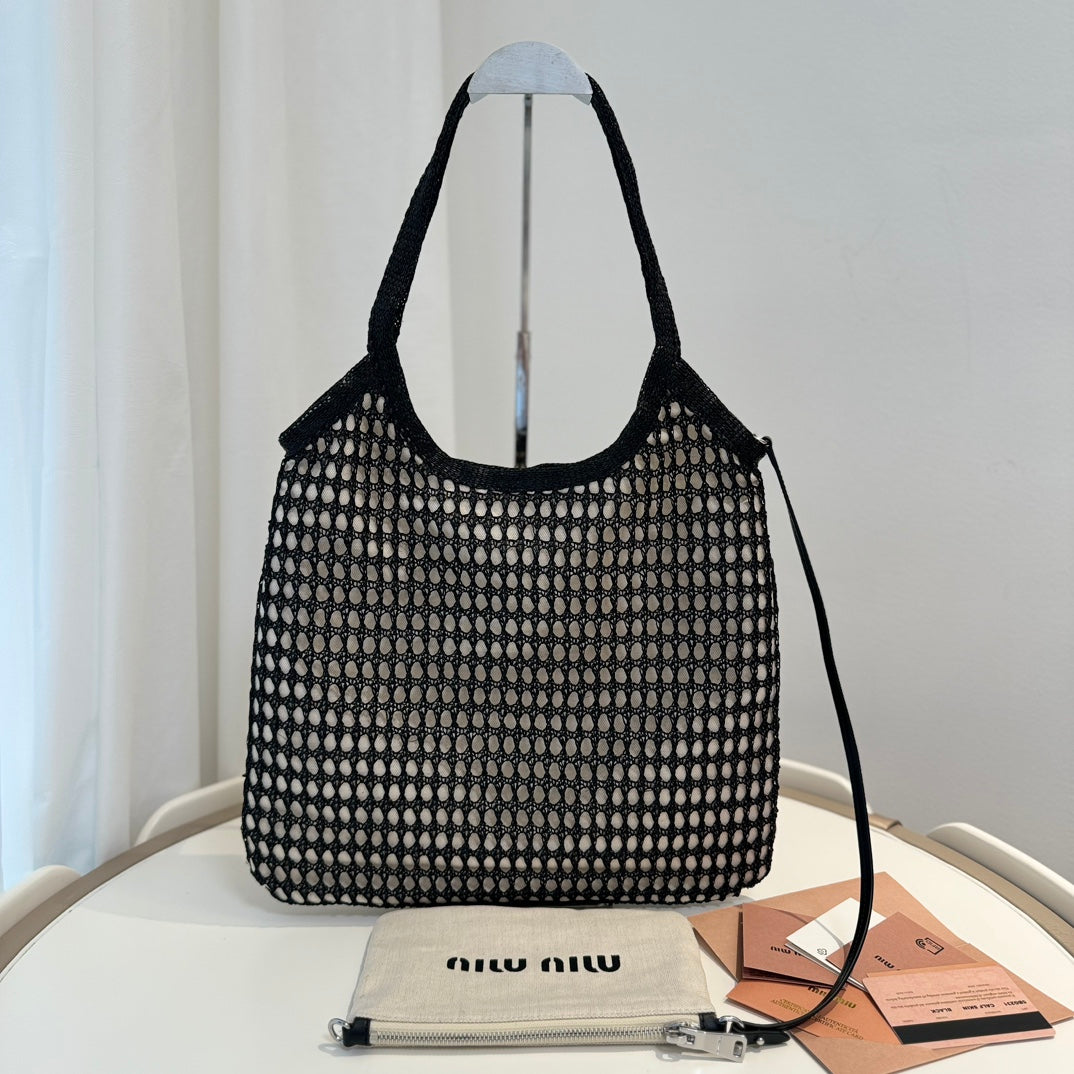 Miu Miu Shoulder Bag 34cm Black Raffia Canvas