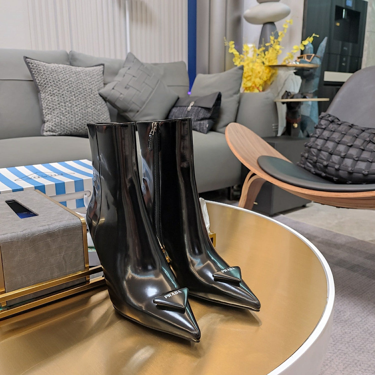 Prada 26s Ankle Boots 8cm Black Patent Triangle Logo Leather 109476