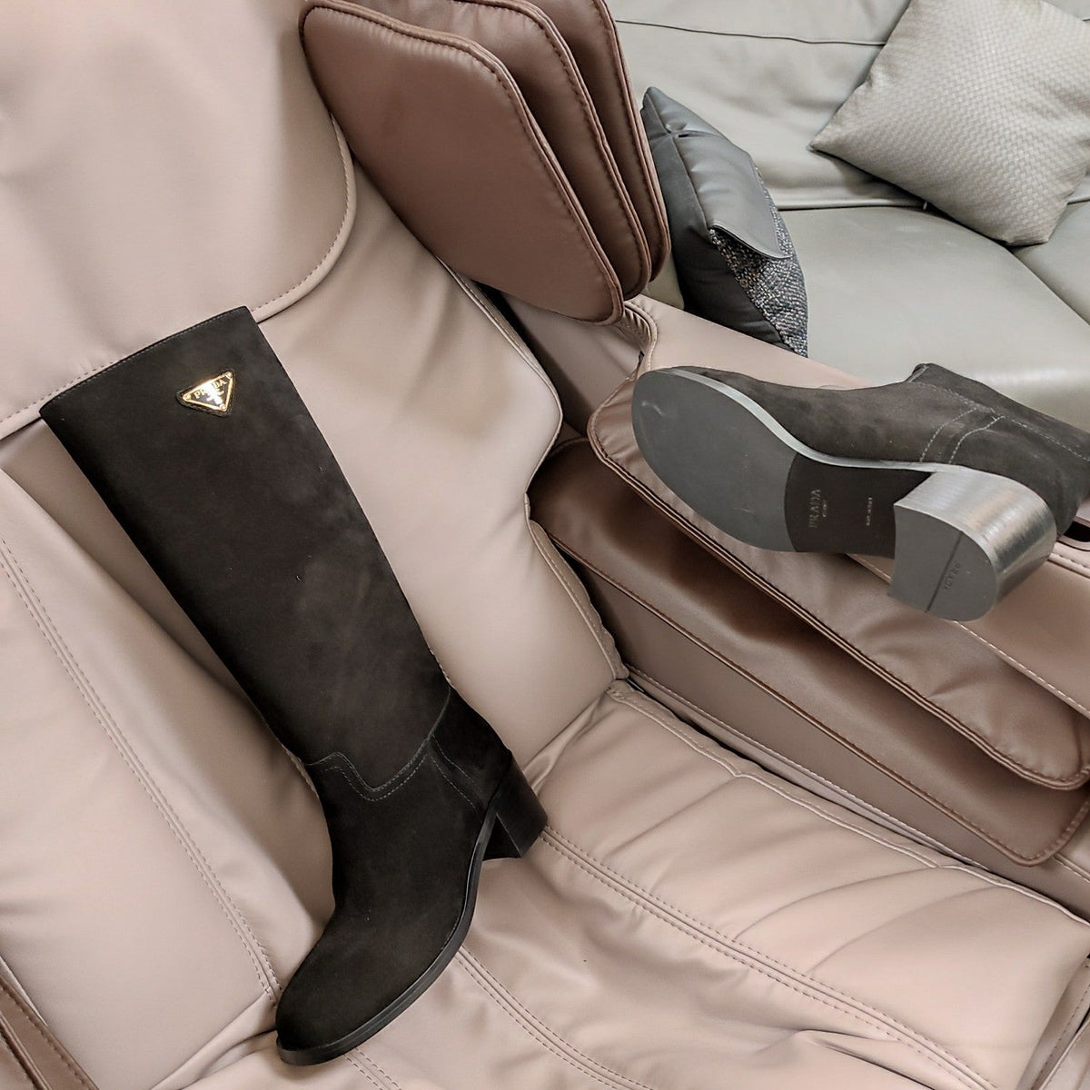 Prada 26s Triangle Logo Knee-High Boots 5.5cm Black Suede Leather 109478