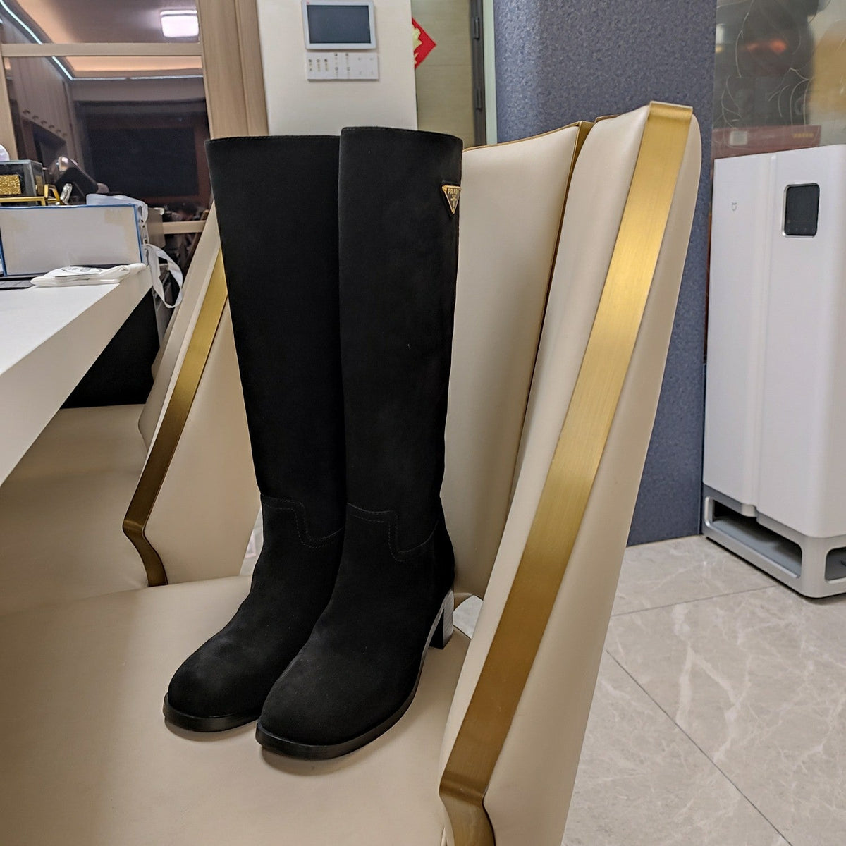 Prada 26s Triangle Logo Knee-High Boots 5.5cm Black Suede Leather 109478