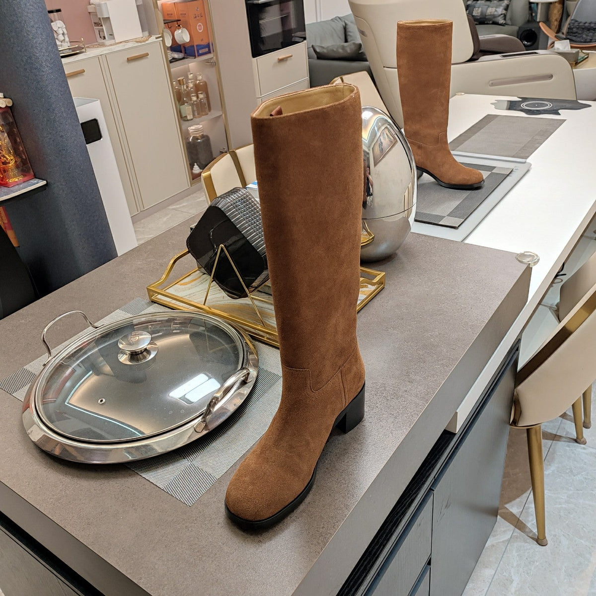 Prada 26s Triangle Logo Knee-High Boots 5.5cm Tan Brown Suede Leather 109480