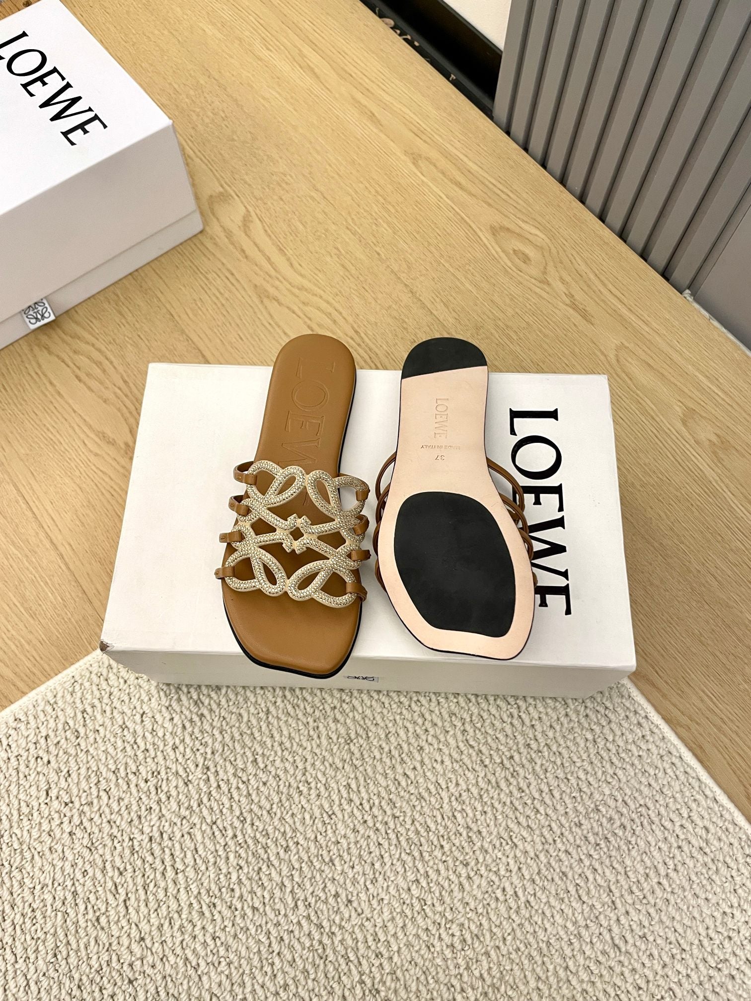 Loewe Petal Anagram Rhinestone Slides Brown Leather 723132