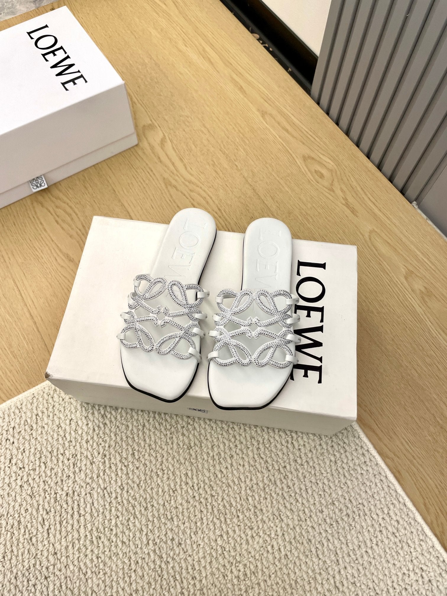 Loewe Petal Anagram Rhinestone Slides White Leather 723133