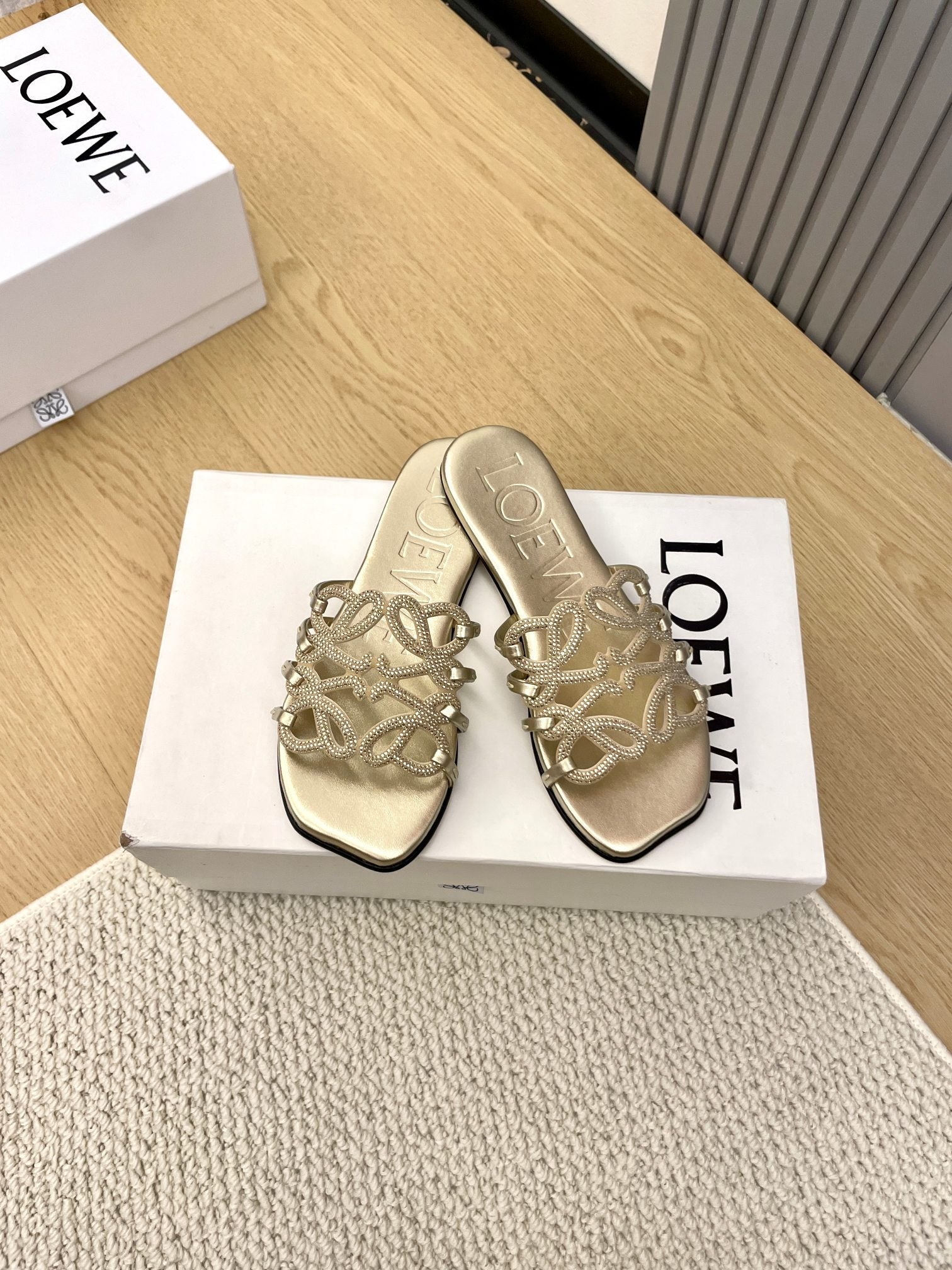 Loewe Petal Anagram Rhinestone Slides Golden Leather 723137