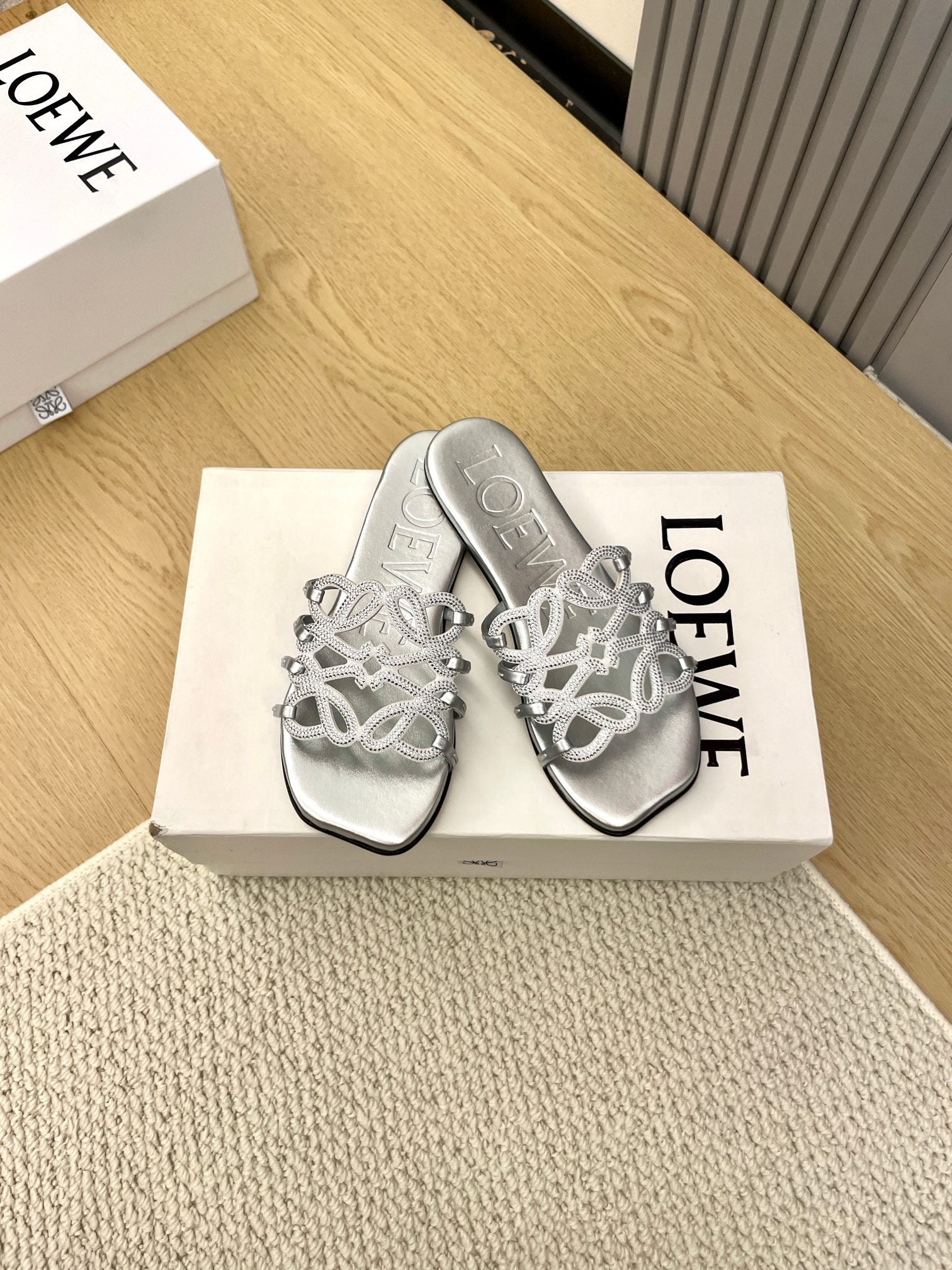 Loewe Petal Anagram Rhinestone Slides Sliver Leather 723138