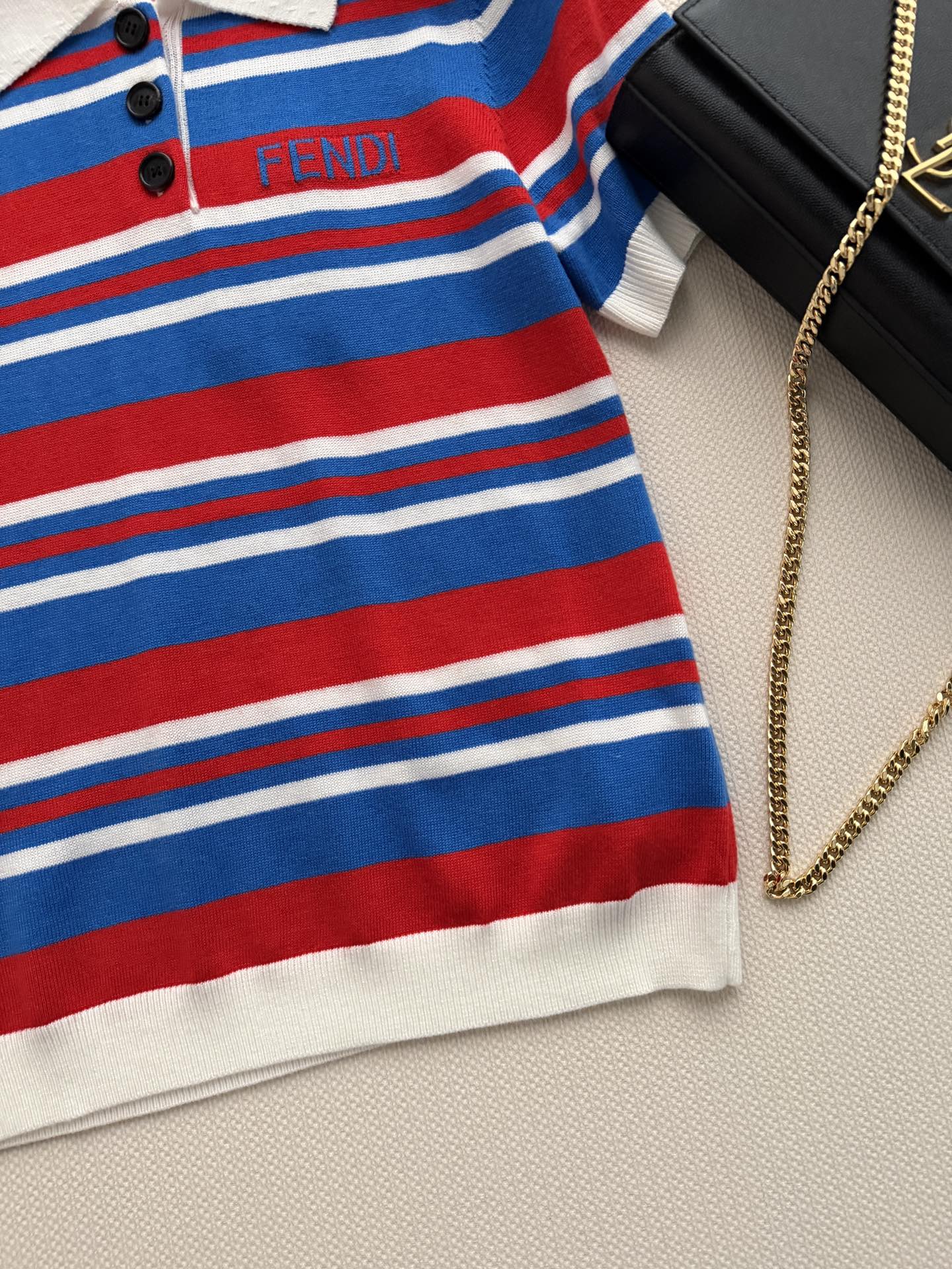 Fendi 26s Striped Polo Shirt Blue Red Knit 363767