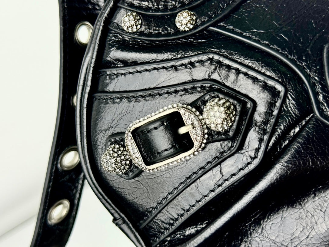 LE CAGOLE SMALL SHOULDER BAG 26 WITH RHINESTONES IN BLACK ARENA LAMBSKIN SILVER HARDWARE