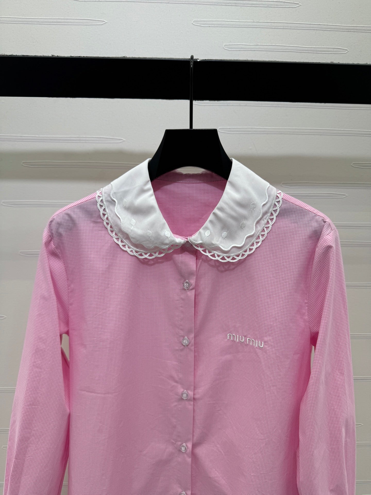 Miu Peter Pan Collar Plaid Shirt Pink Cotton 392637