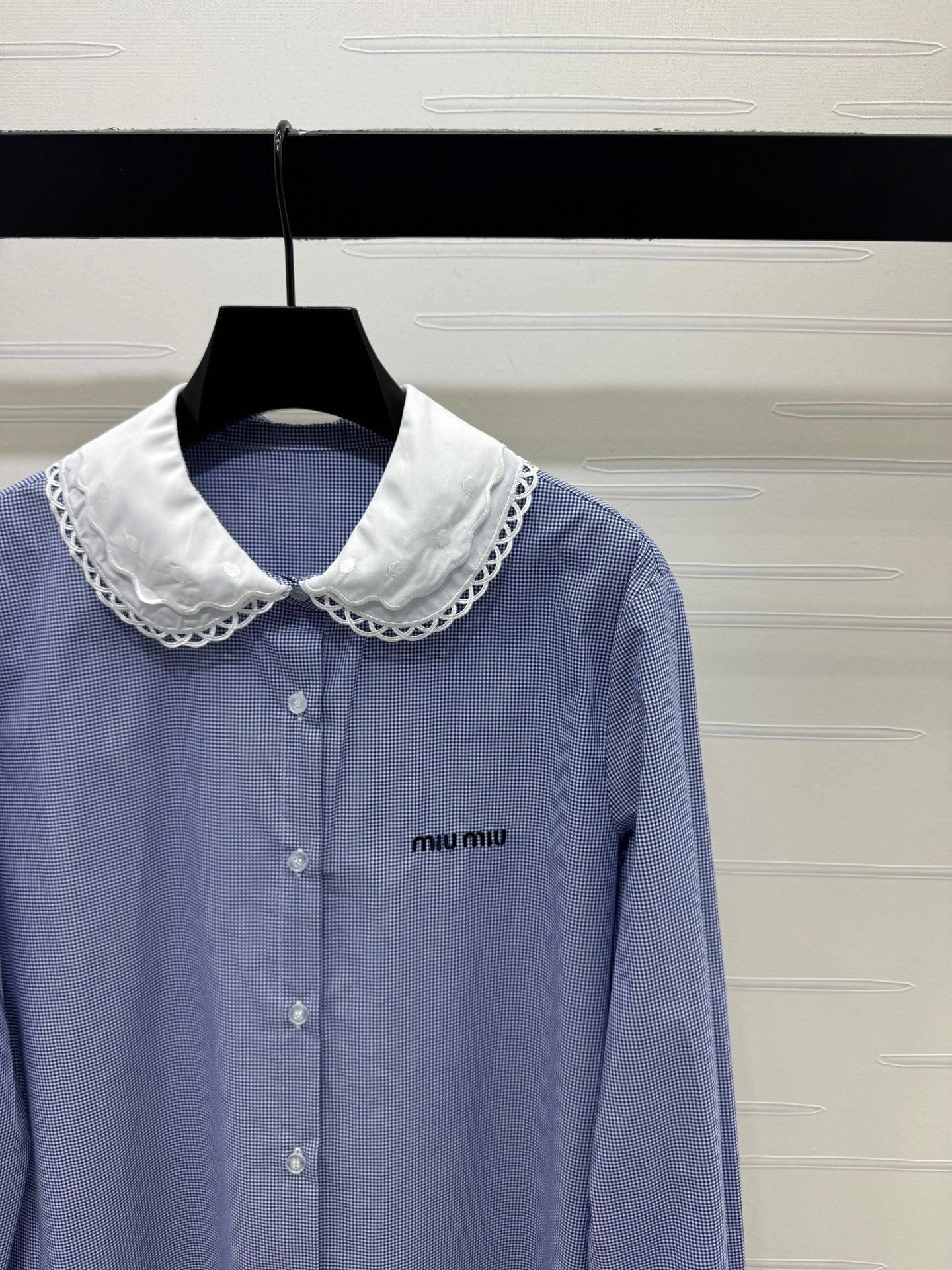 Miu Peter Pan Collar Plaid Shirt Blue Cotton 392635