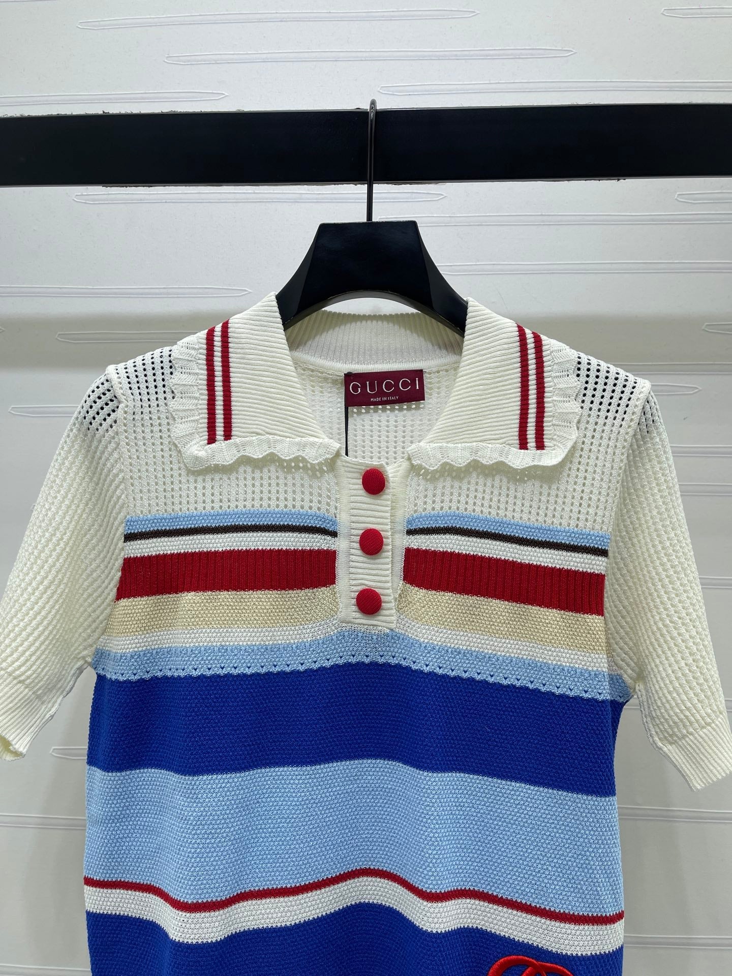 GG 26s Hollow Striped Collared Knit Short Sleeve 406541