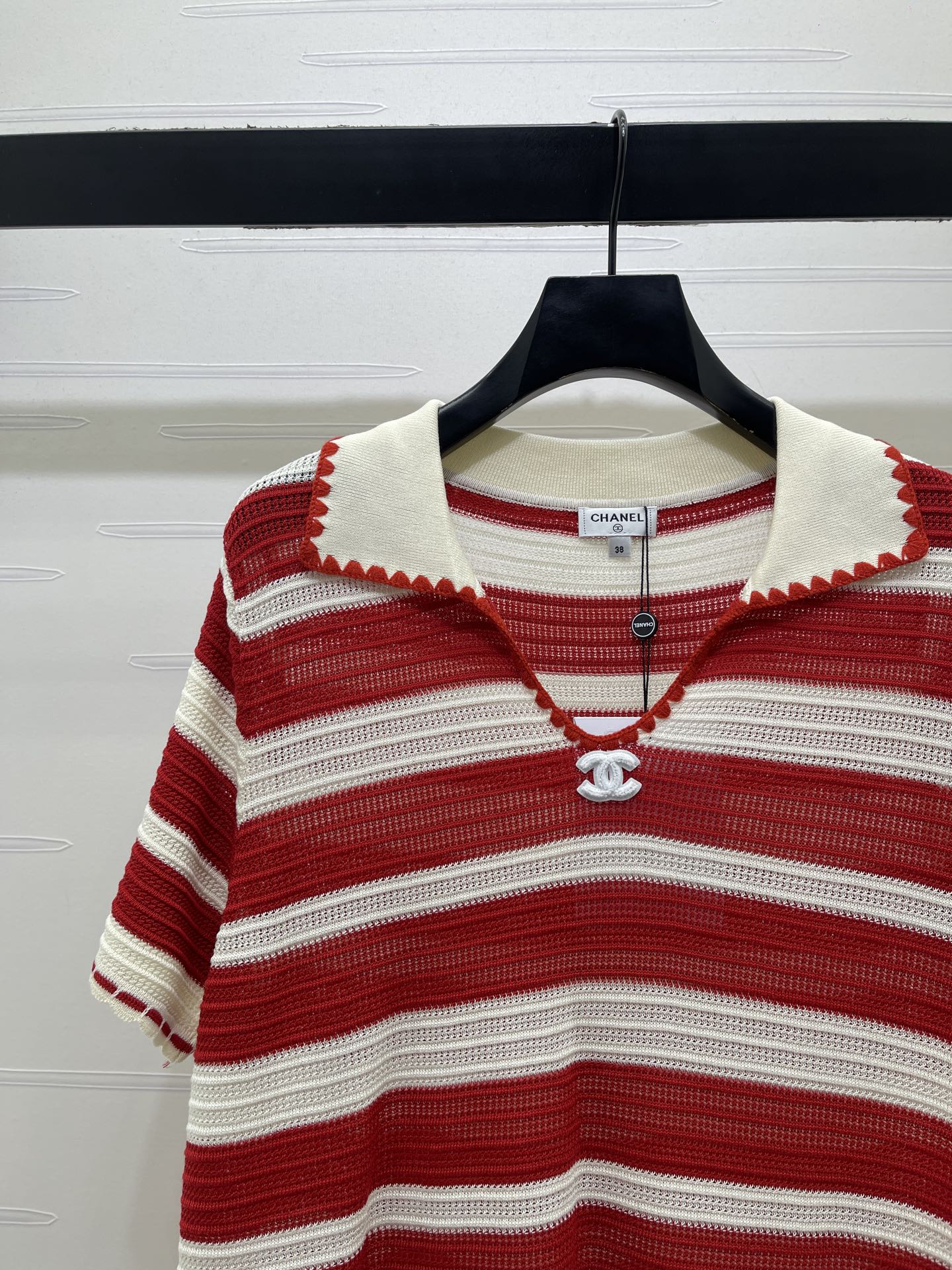 CC 26s Striped Collared Knit Short-Sleeved Top White Red 406562