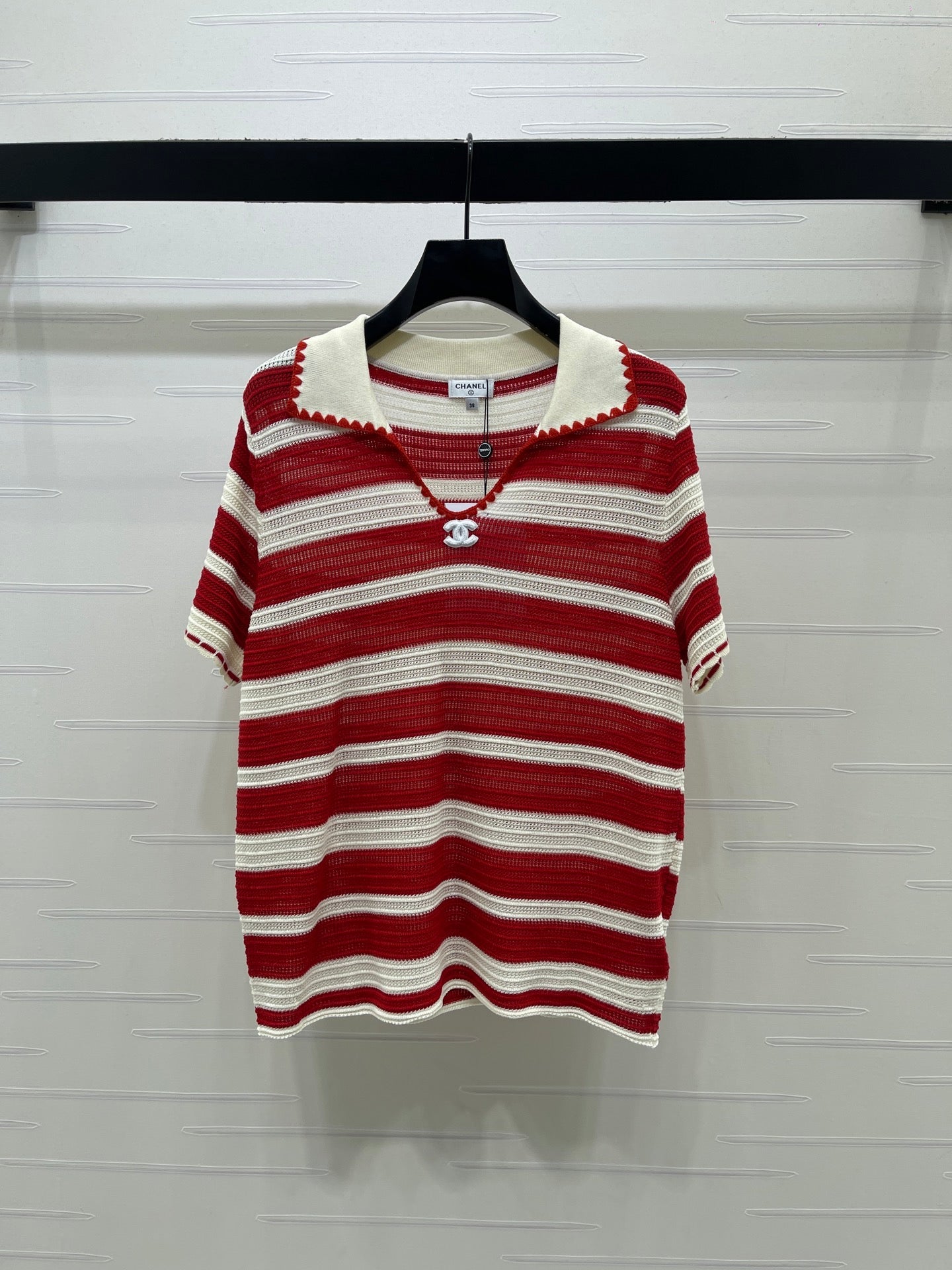 CC 26s Striped Collared Knit Short-Sleeved Top White Red 406562