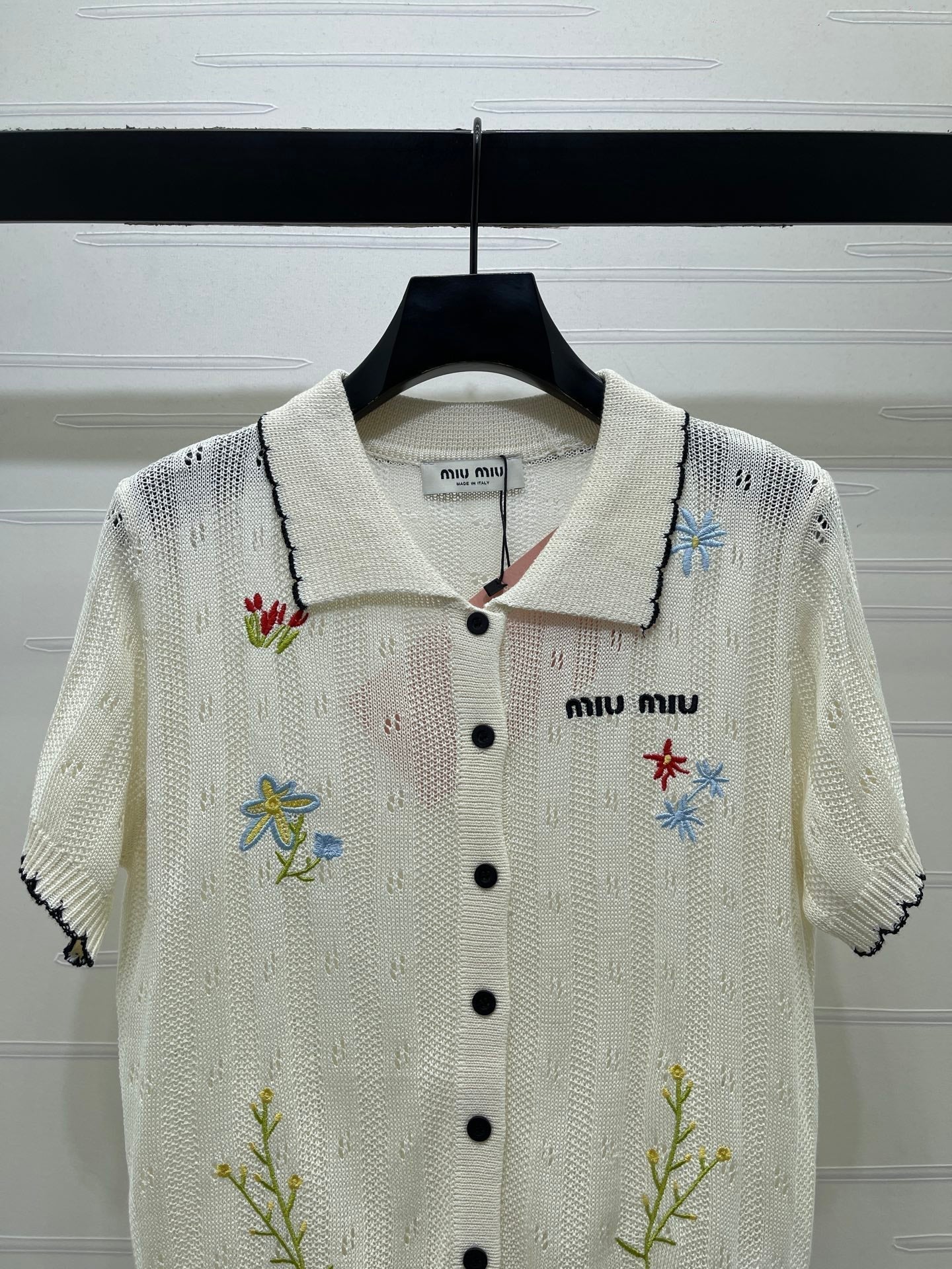 Miu 26s Hollow Striped Collared Knit Short Sleeve White Wool 406537