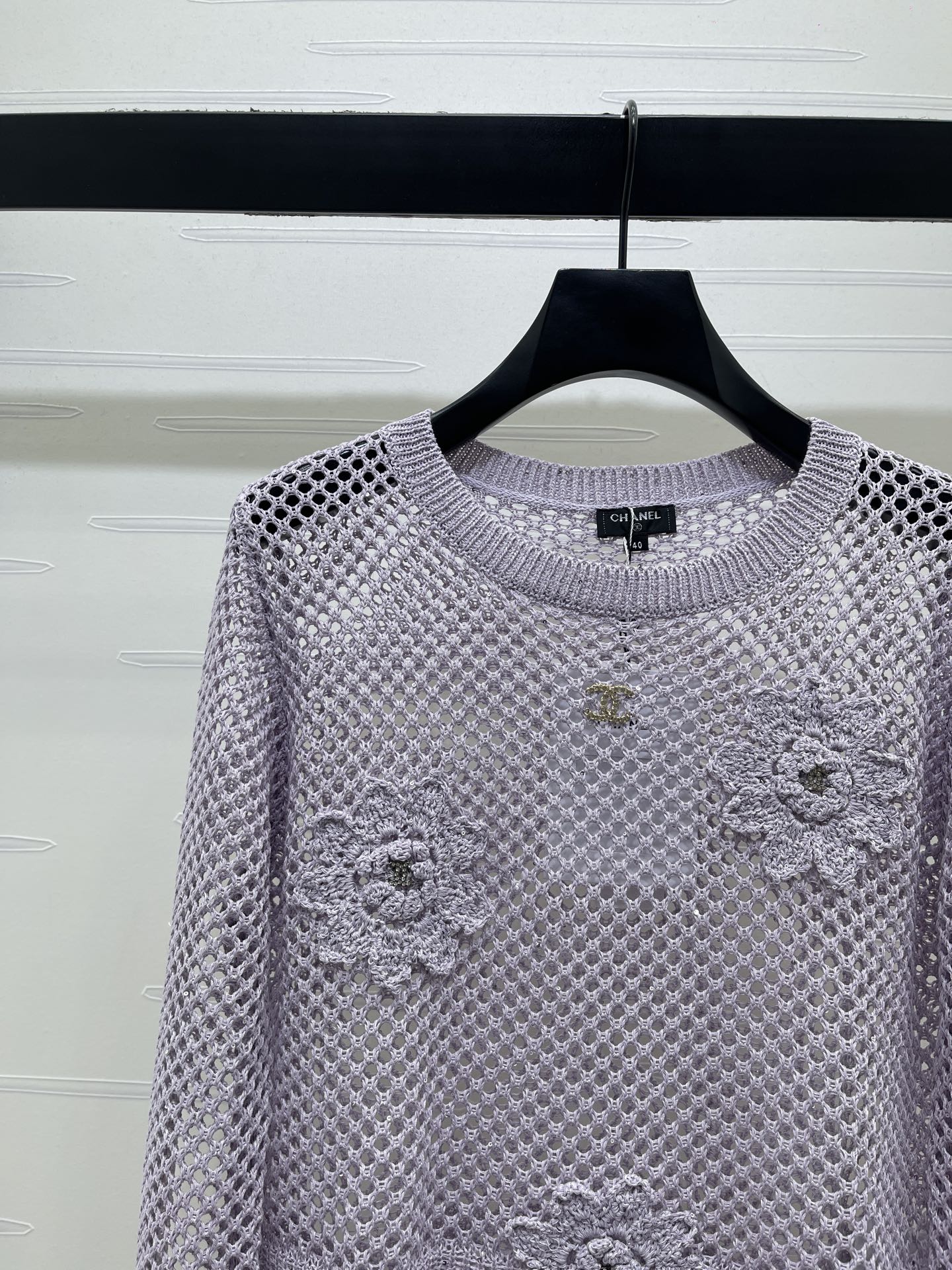 CC 26s Hollow-Out Crochet Knit Long-Sleeved Top Purple Wool 406546